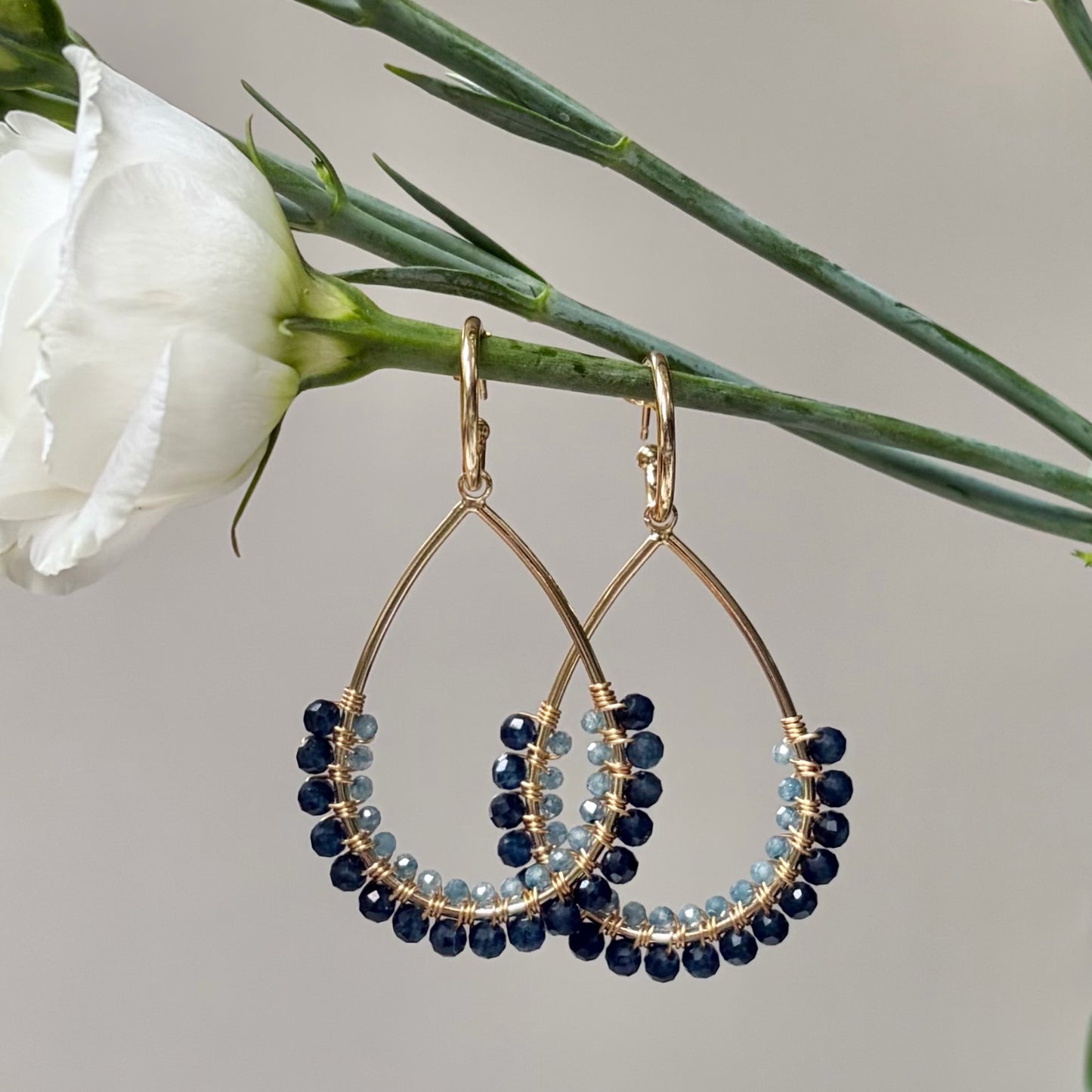 *Dark Denim Iolite & Pale Denim Azurite 1/2 Teardrop Earrings On Hoops