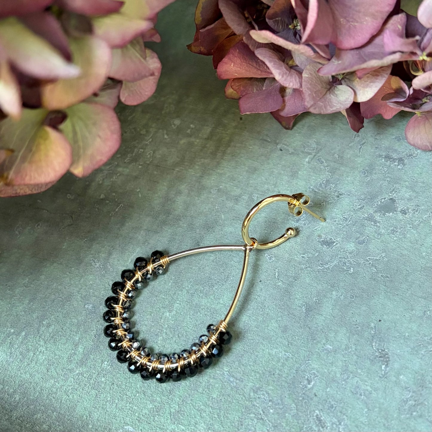 *Black Onyx & Charcoal Hematite 1/2 Teardrop Earrings On Hoops