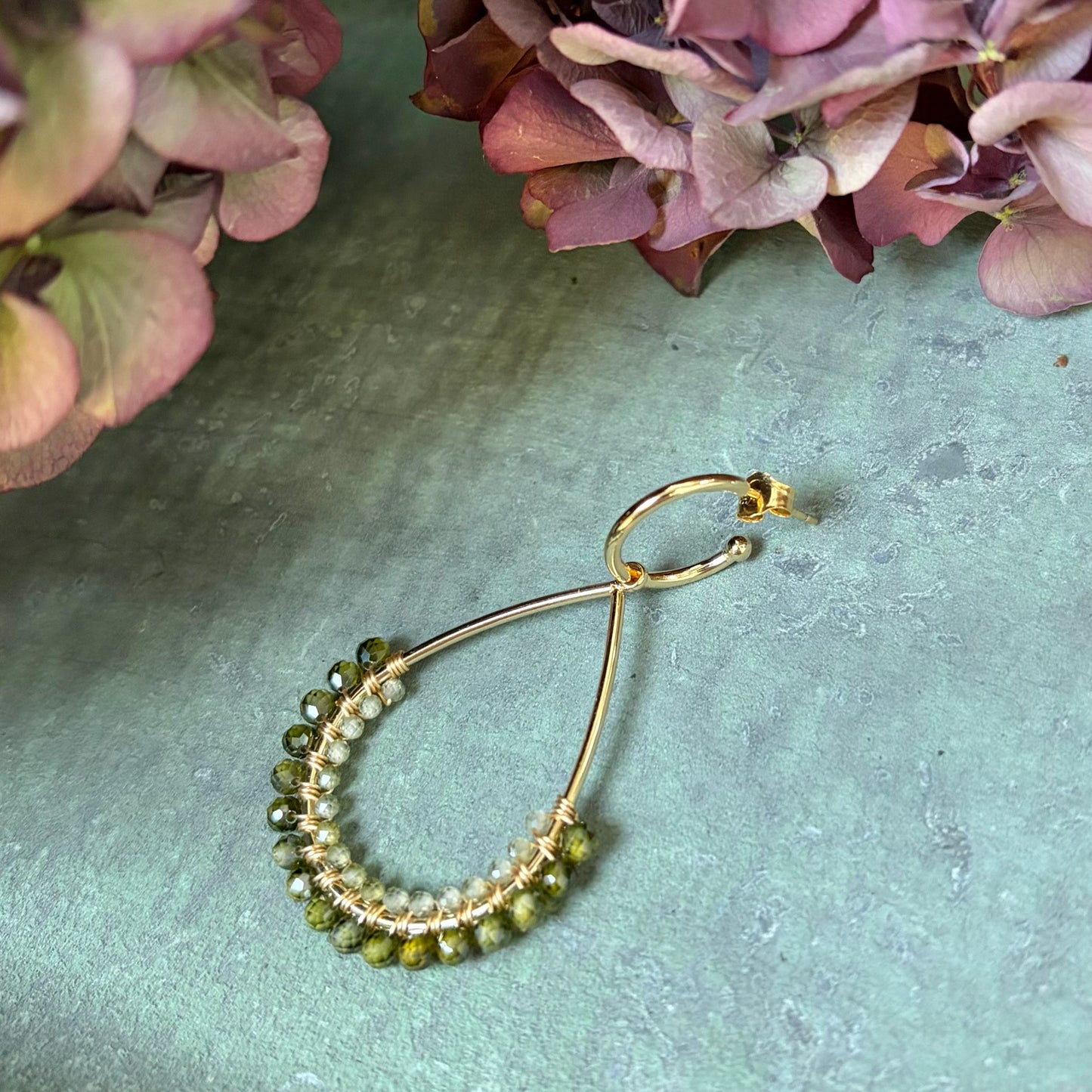 *Olive Green Peridot 1/2 Teardrop Earrings On Hoops