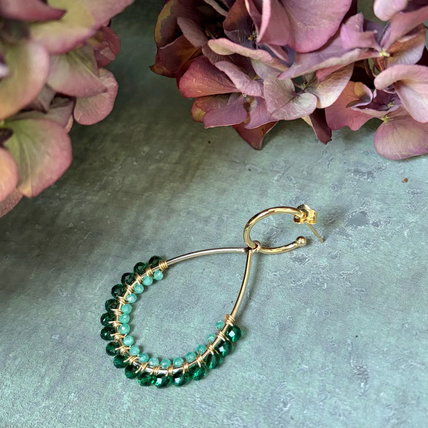 *Emerald Green & Mint Jade 1/2 Teardrop Earrings On Hoops