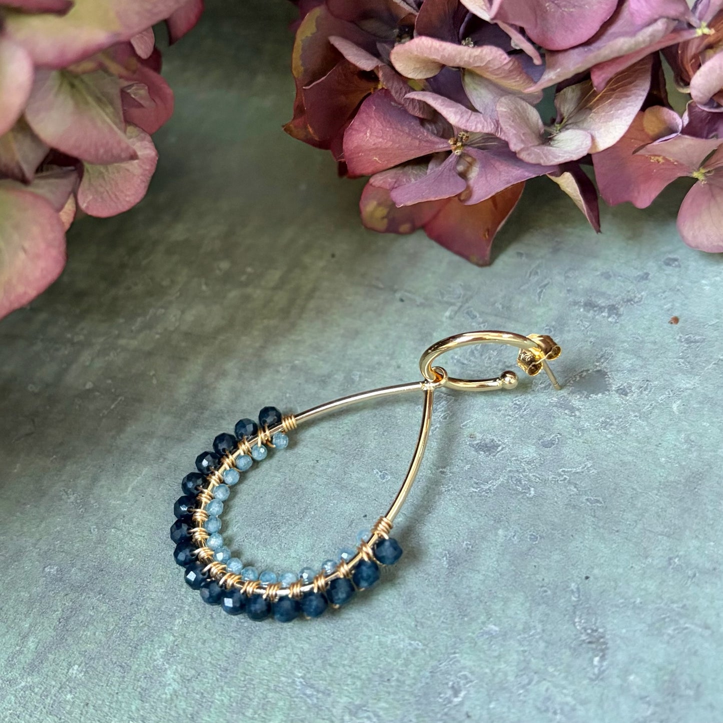 *Dark Denim Iolite & Pale Denim Azurite 1/2 Teardrop Earrings On Hoops