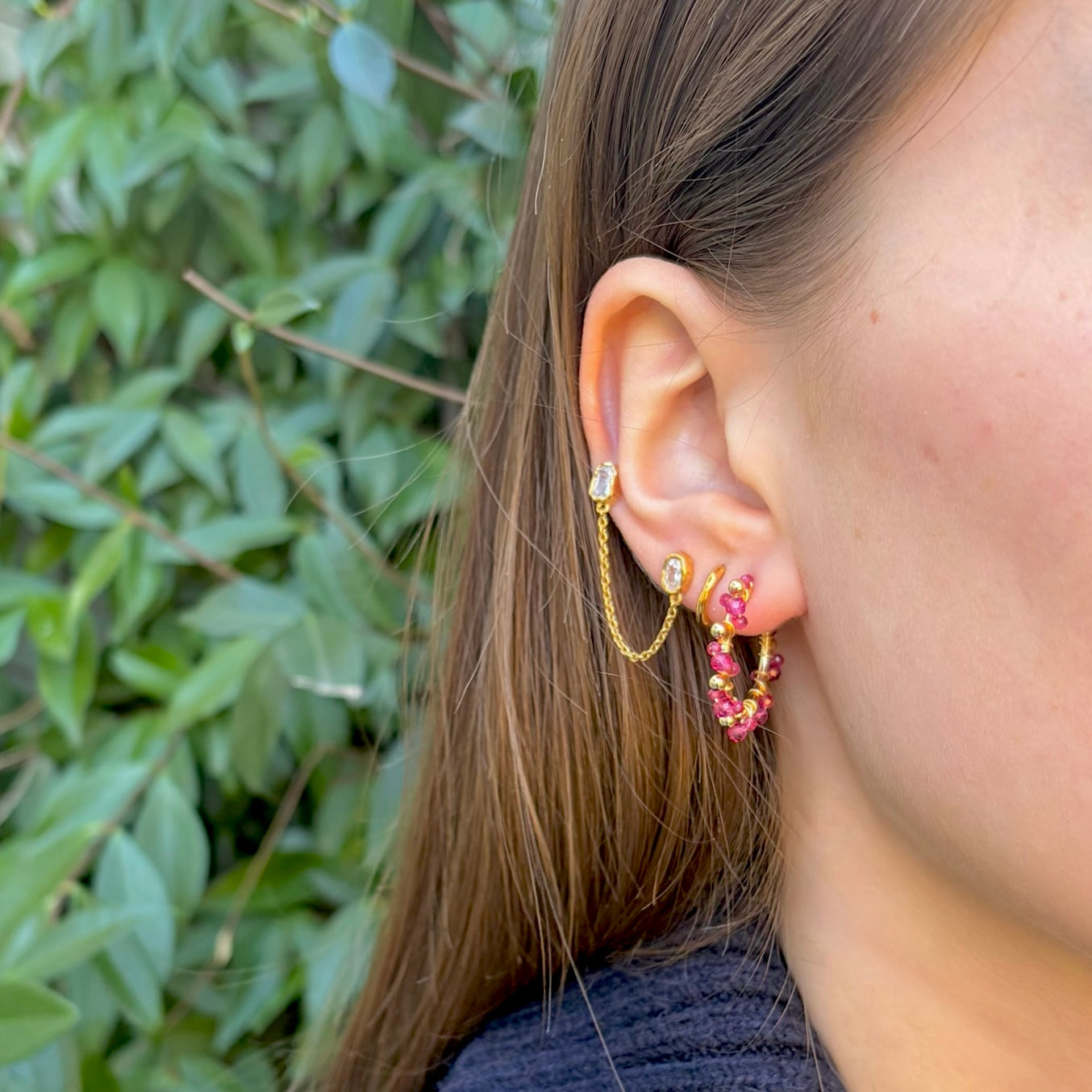 Fuchsia Pink Garnet Mini+ Bobble Hoop Beaded Earrings