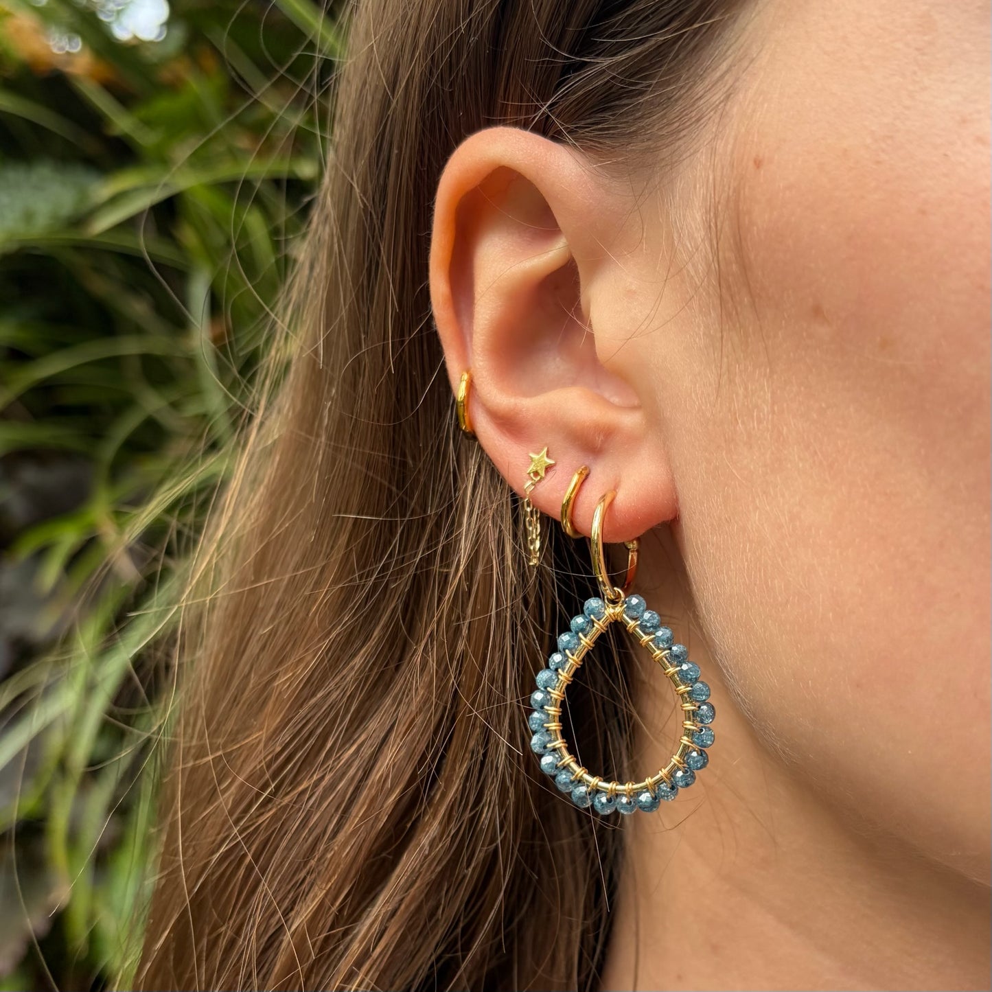 Airforce Blue Quartz Teardrop Earrings On Mini Hoops