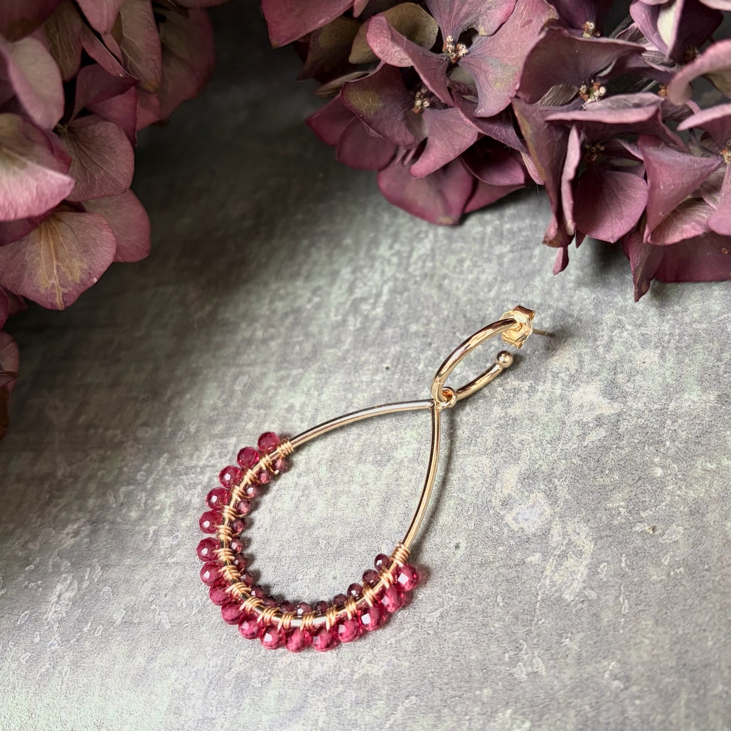 *Fuchsia Pink & Burgundy Garnet 1/2 Teardrop Earrings On Hoops