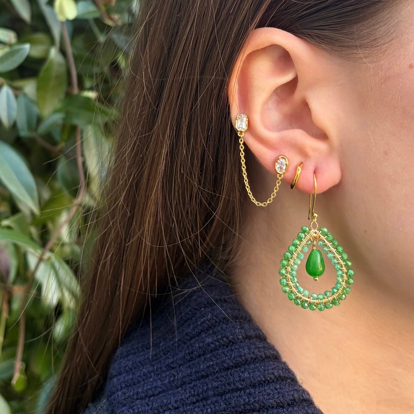 Pear Green Jade & Pale Mint Double Beaded Midi Teardrops With Green Jade Drop