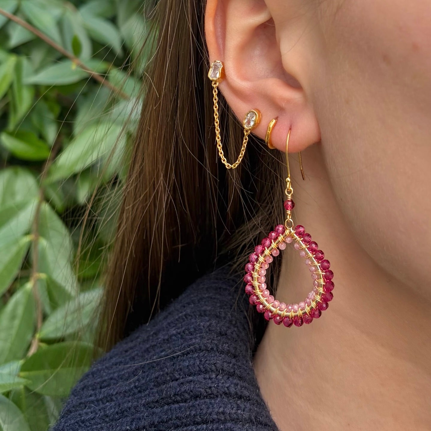 Red Jade & Candy Pink Jade Double Beaded Midi Teardrop Earrings