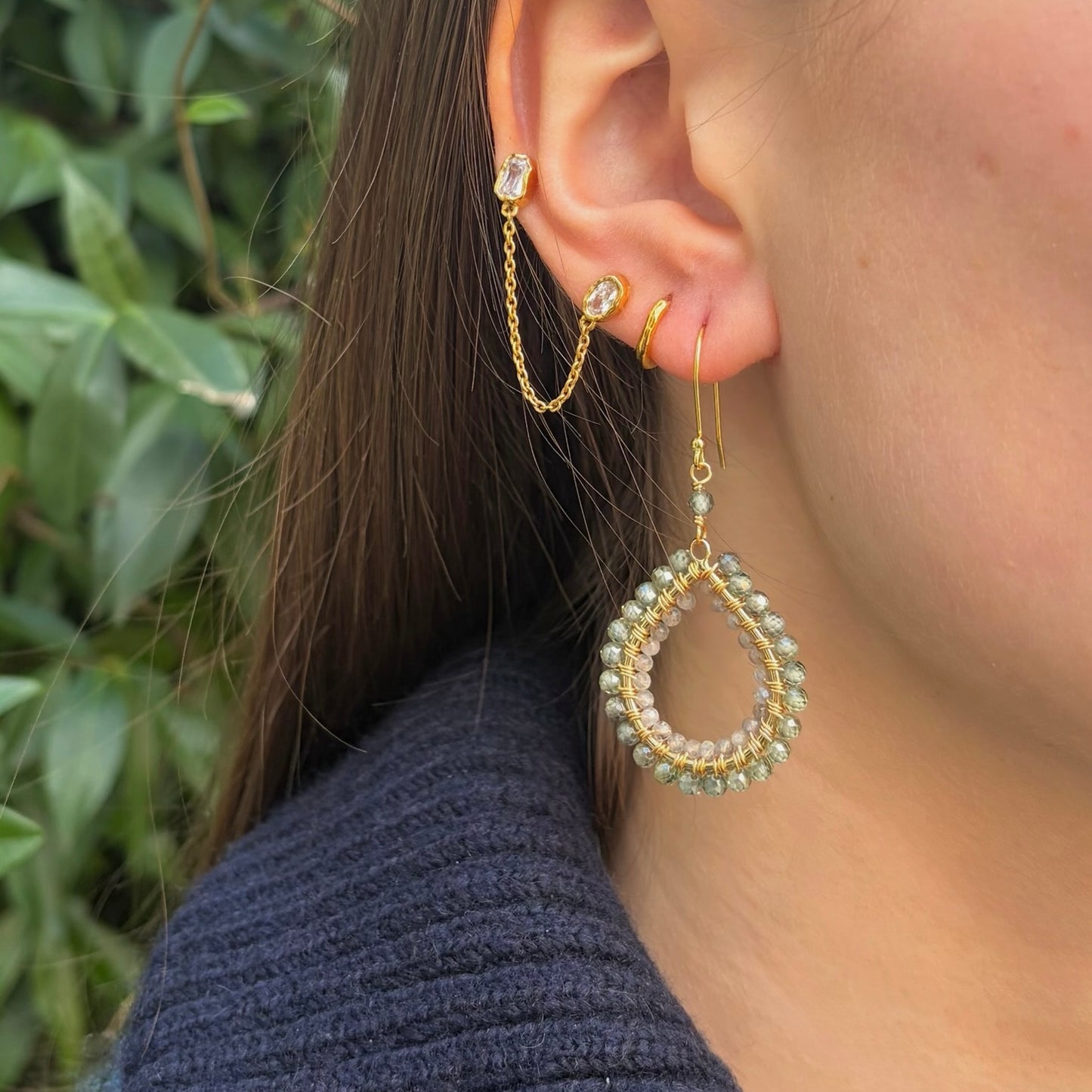 Sage Green Agate & Grey Labradorite Double Beaded Midi Teardrop Earrings