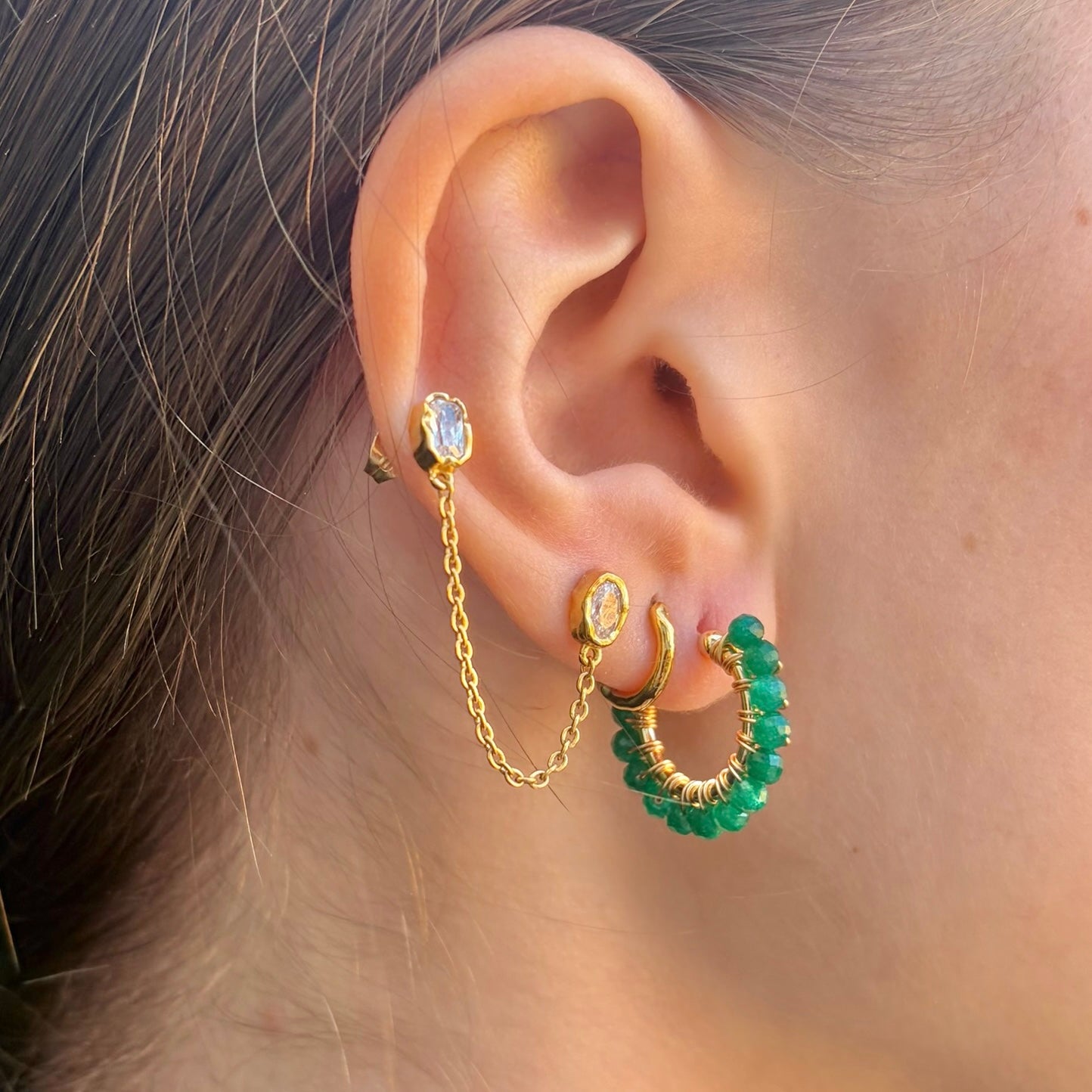 Chunky Dark Mint Green Jade Mini Hoop Beaded Earrings