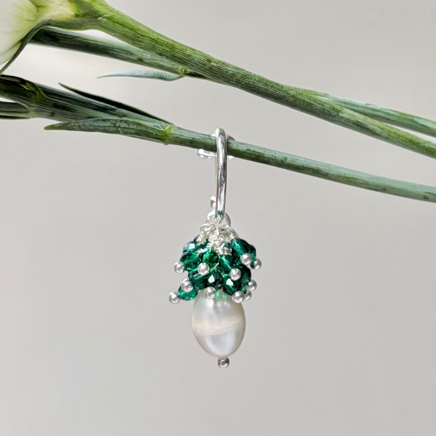 *Mini Hoop Earrings With Ibiza Pearl & Emerald Green Jade Drops (Silver)