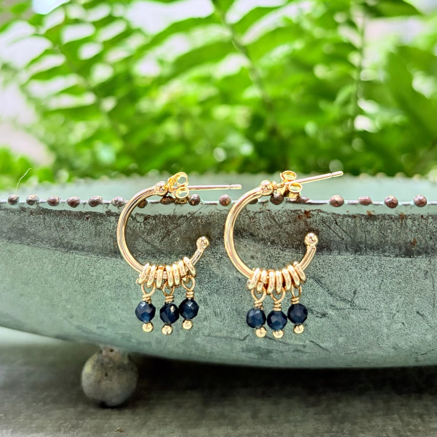 *Dark Navy Iolite 3-Bead Mini Hoop Earrings