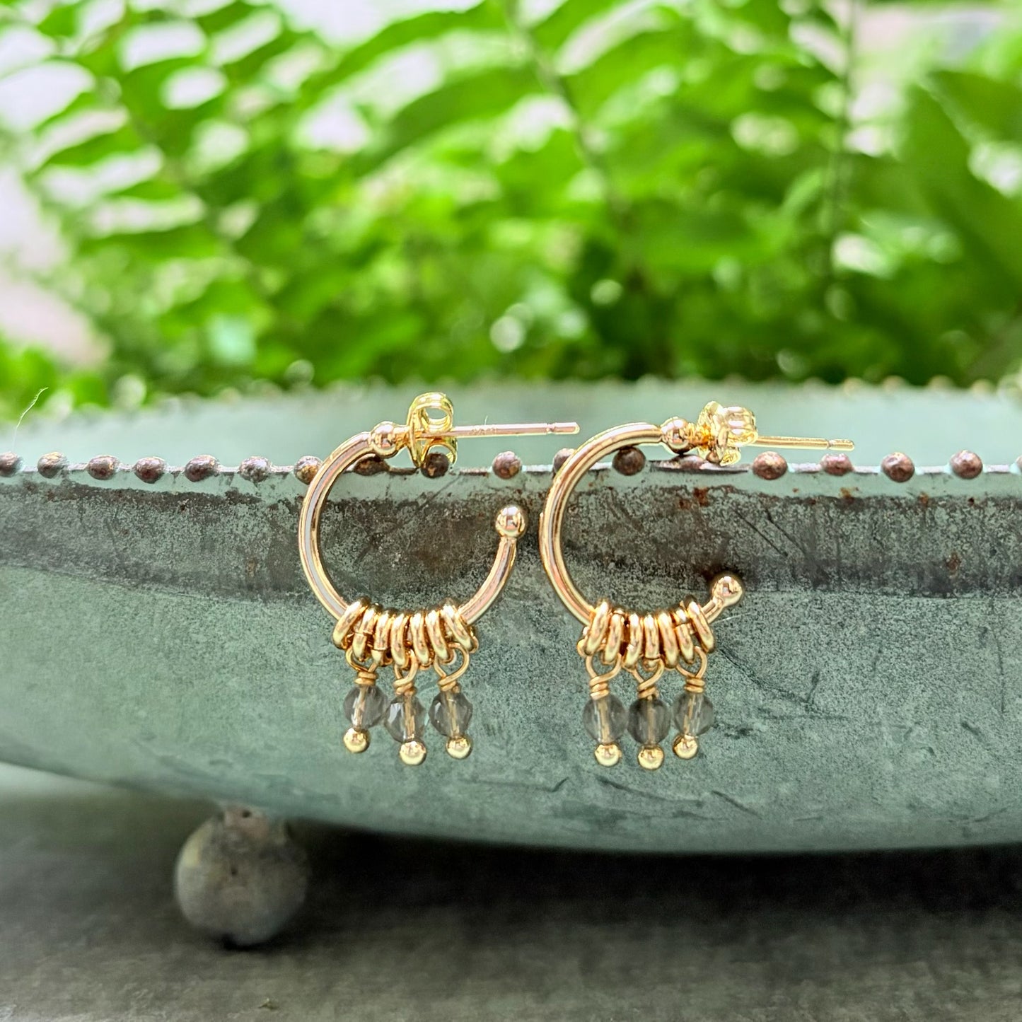 *Taupe Agate 3-Bead Mini Hoop Earrings