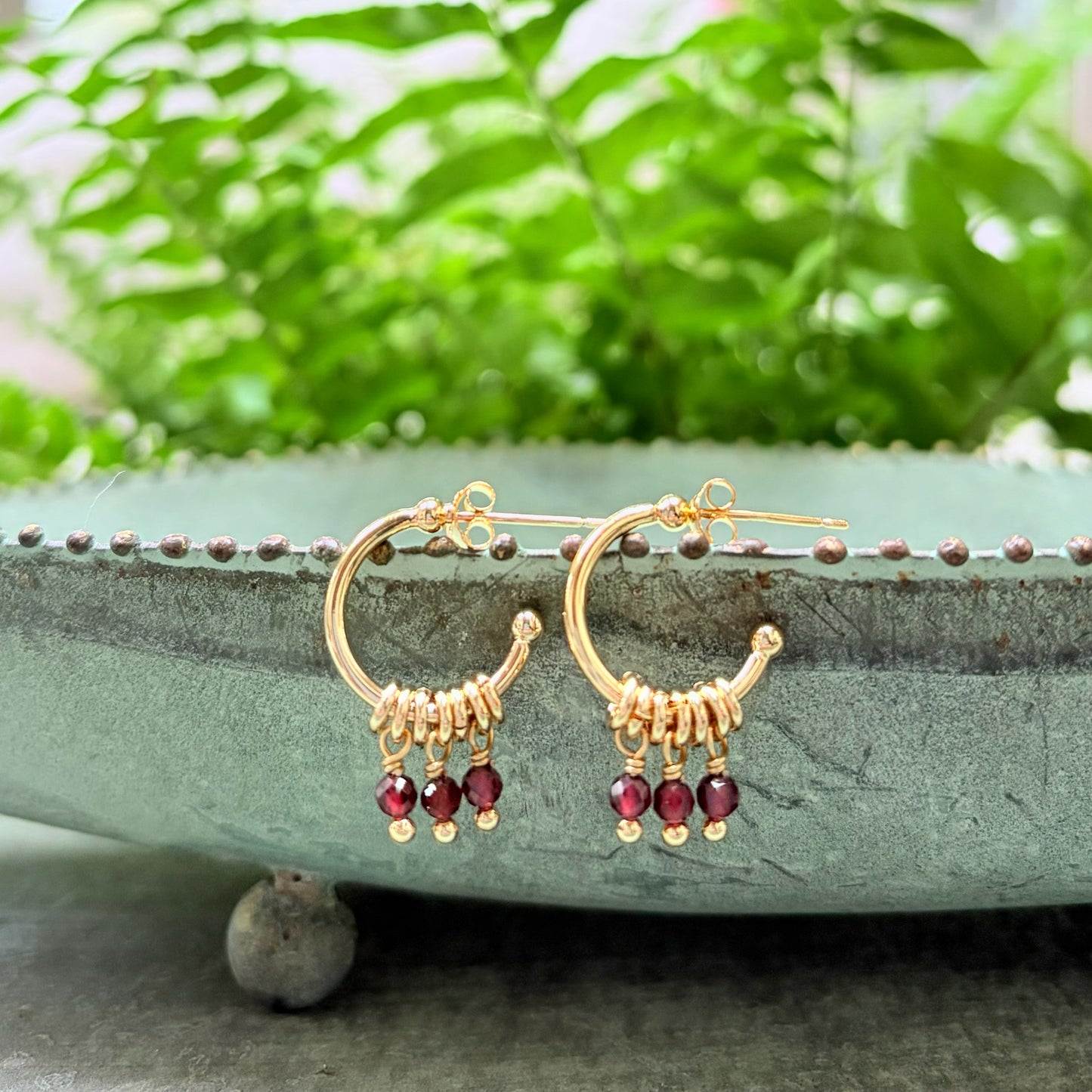 *Burgundy Garnet 3-Bead Mini Hoop Earrings