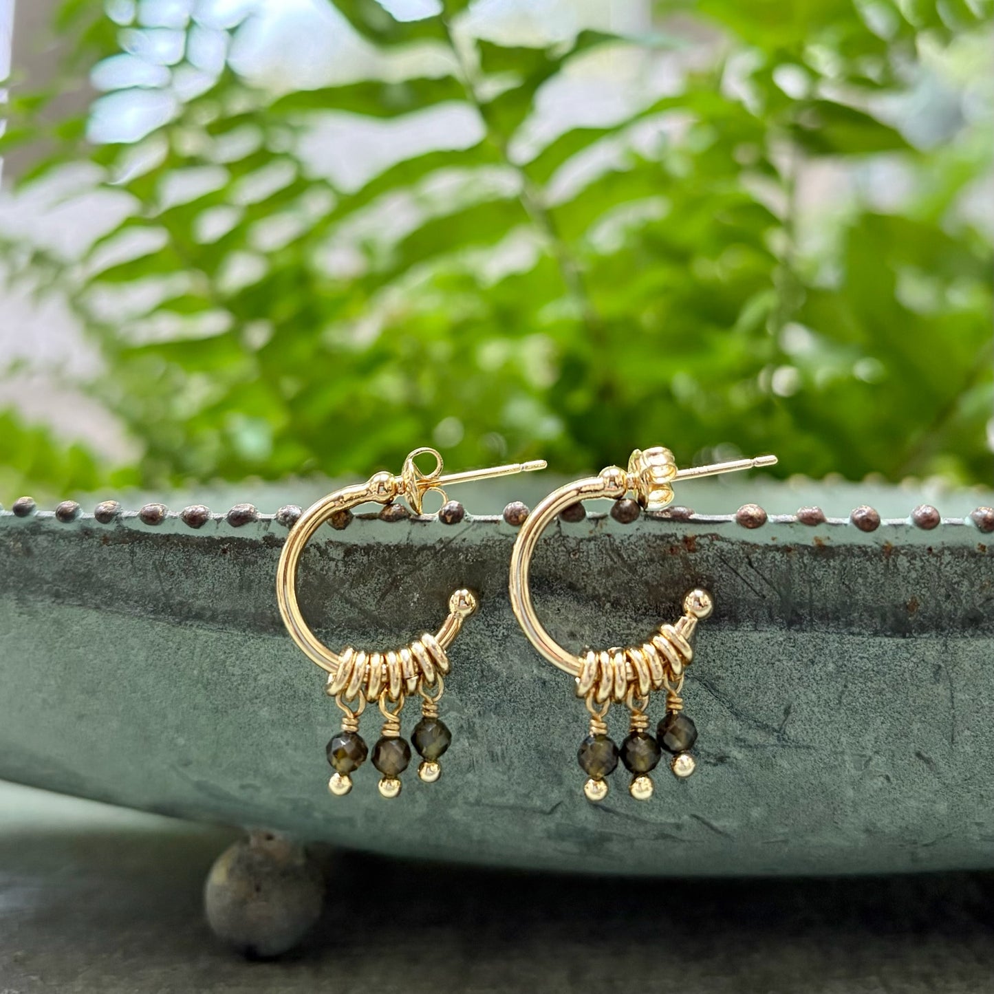 *Dark Olive Green Peridot 3-Bead Mini Hoop Earrings