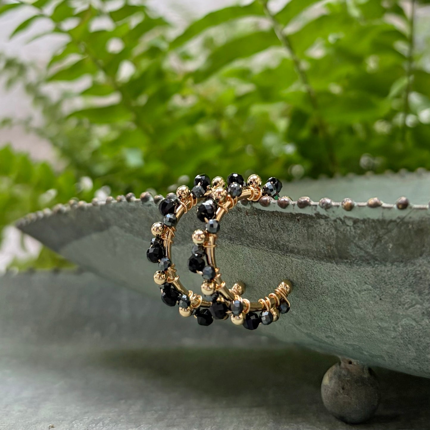 *Black Onyx & Charcoal Hematite Mini Bobble Hoop Beaded Earrings