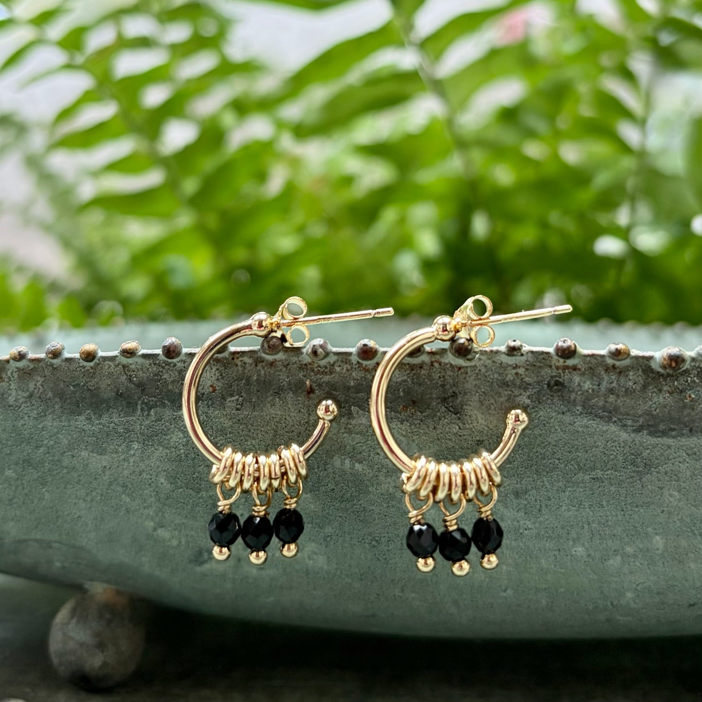 *Black Onyx 3-Bead Mini Hoop Earrings
