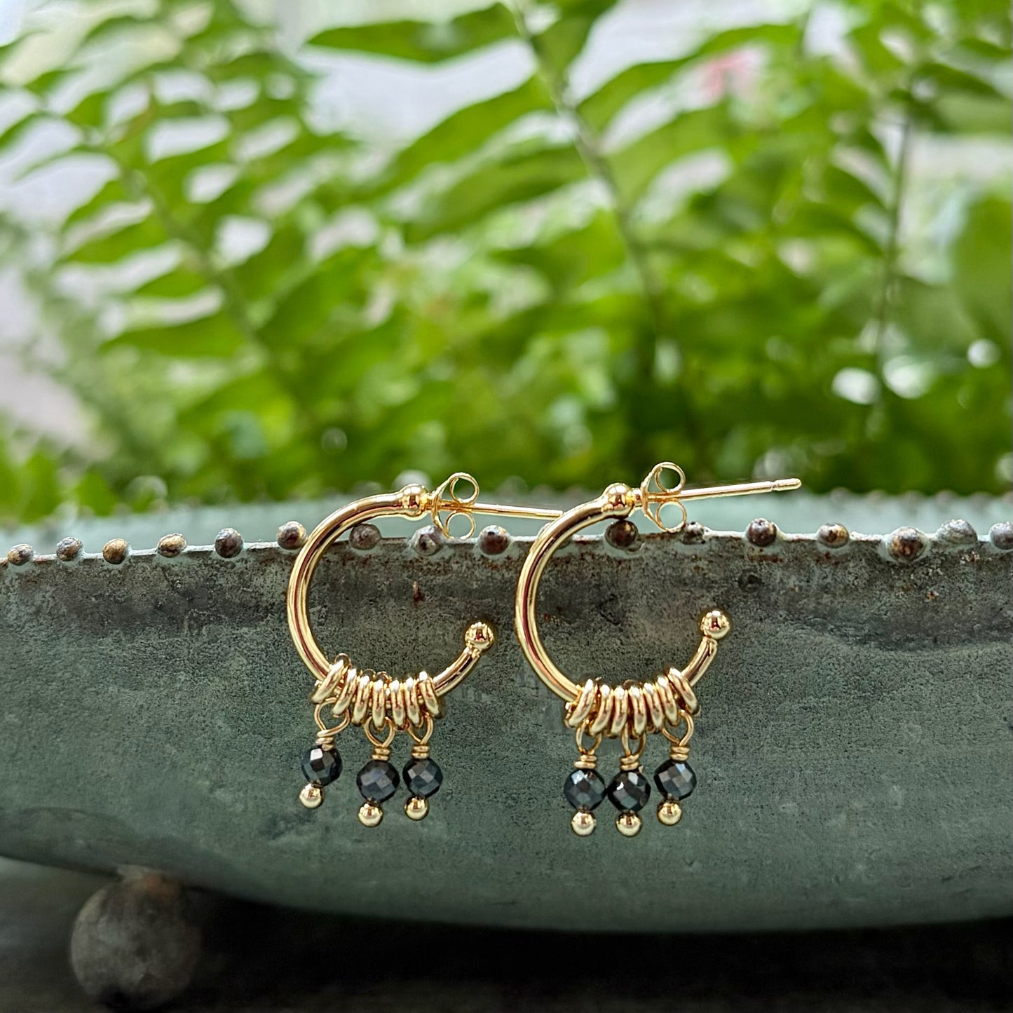 *Charcoal Grey Hematite 3-Bead Mini Hoop Earrings