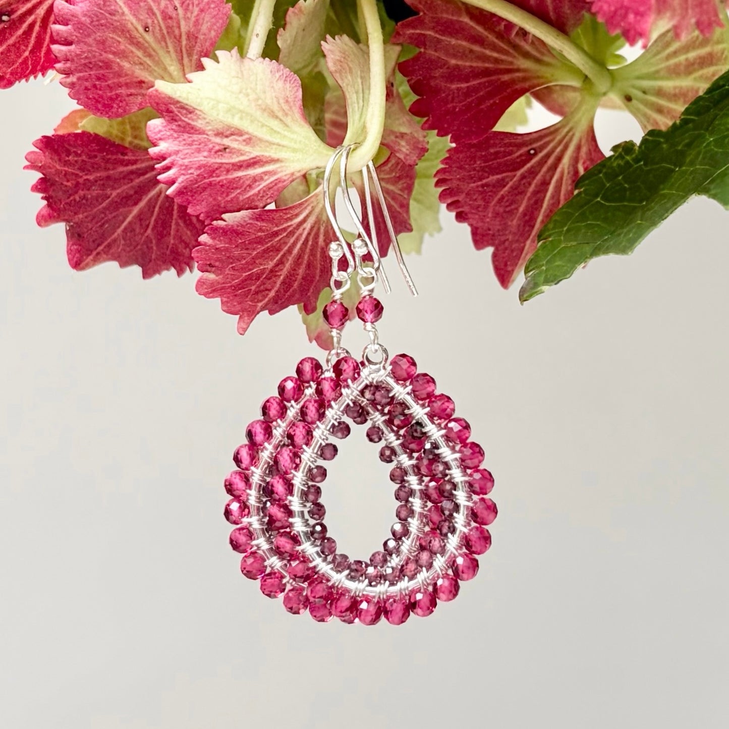*Fuchsia Pink & Burgundy Garnet Double Beaded Midi Teardrop Earrings (Silver)