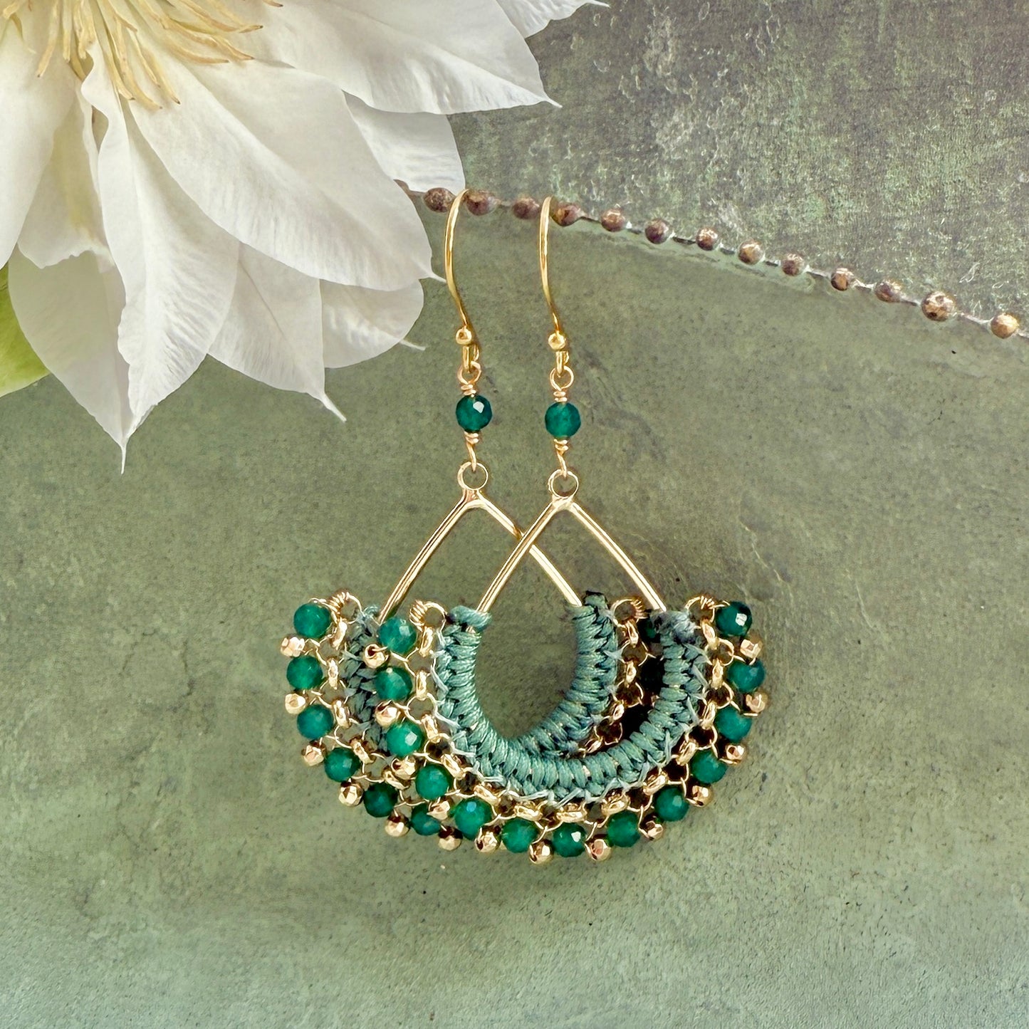Emerald Green Jade & Gold Pyrite Boho Wrapped Teardrop Earrings