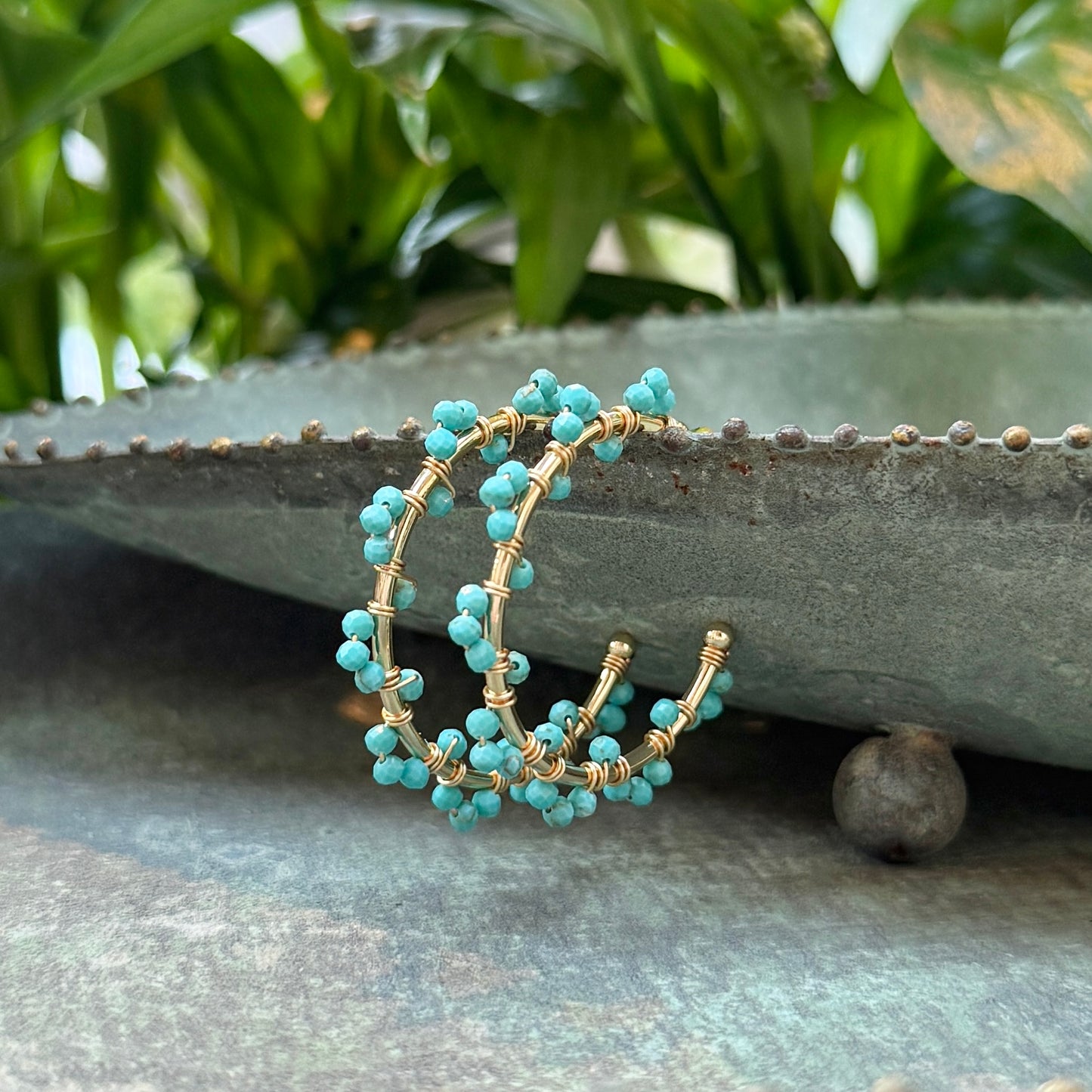 Turquoise Blue Swirl Midi Hoop Beaded Earrings