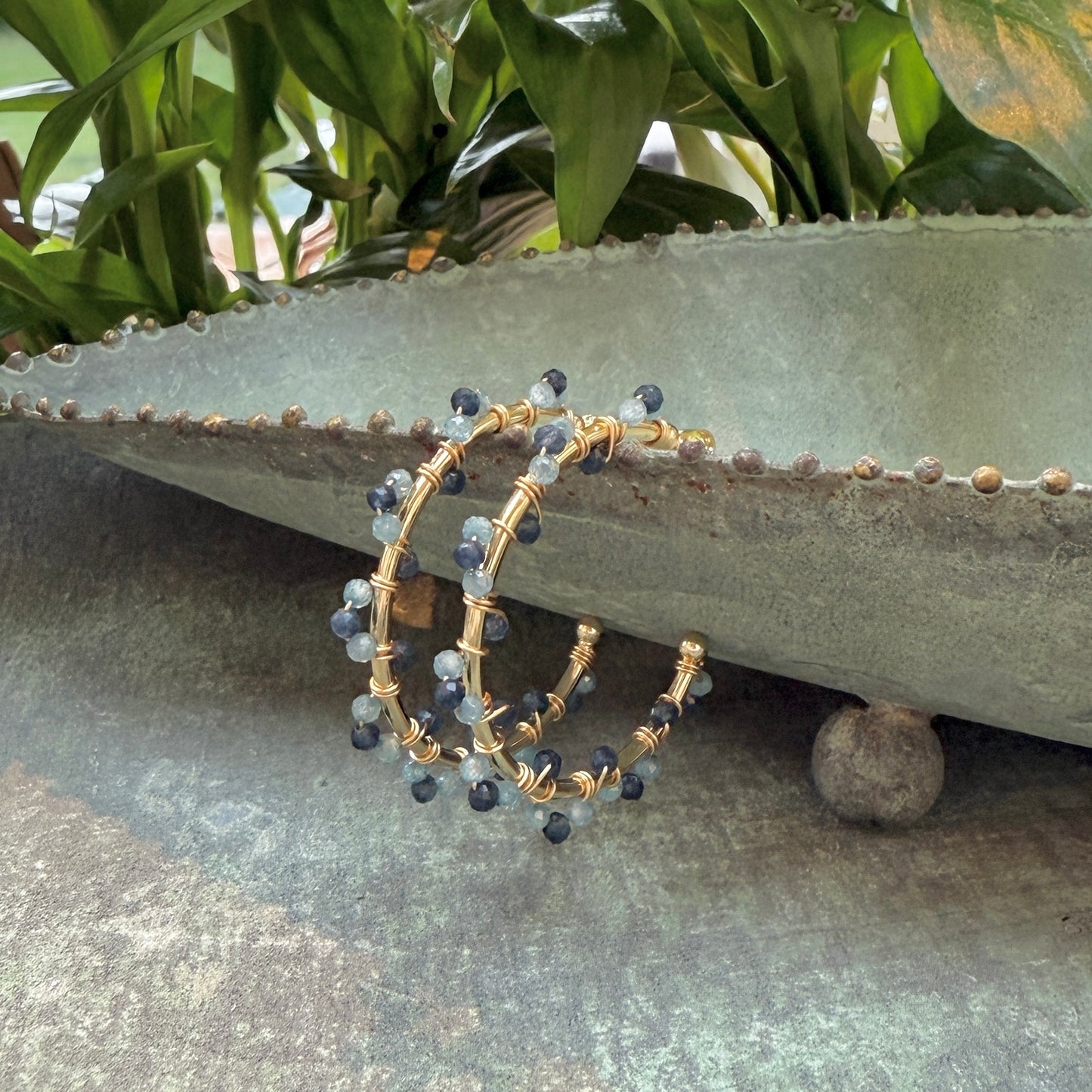 Denim Blue Iolite & Powder Blue Kyanite Swirl Midi Hoop Beaded Earrings