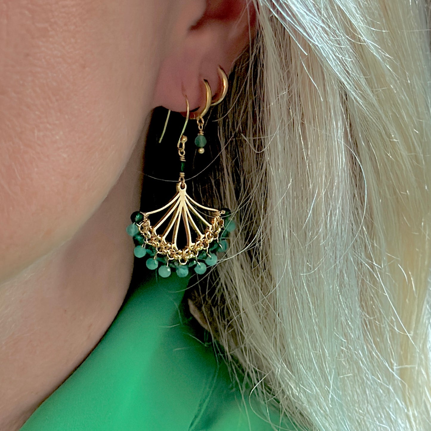 Emerald Green & Mint Green Jade Rolo Fan Beaded Earrings