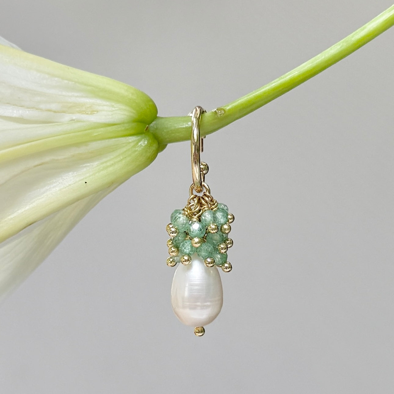 Mini Hoop Earrings With Ibiza Pearl & Pale Mint Green Jade Drops