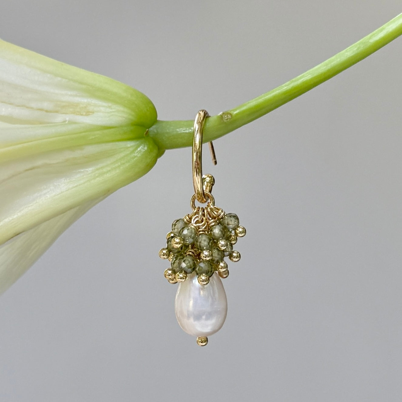 Mini Hoop Earrings With Ibiza Pearl & Mid Olive Green Peridot Drops