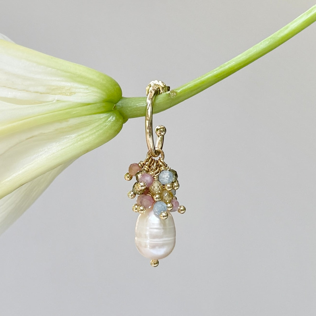 Mini Hoop Earrings With Ibiza Pearl & Mixed Summer Tourmaline Drops