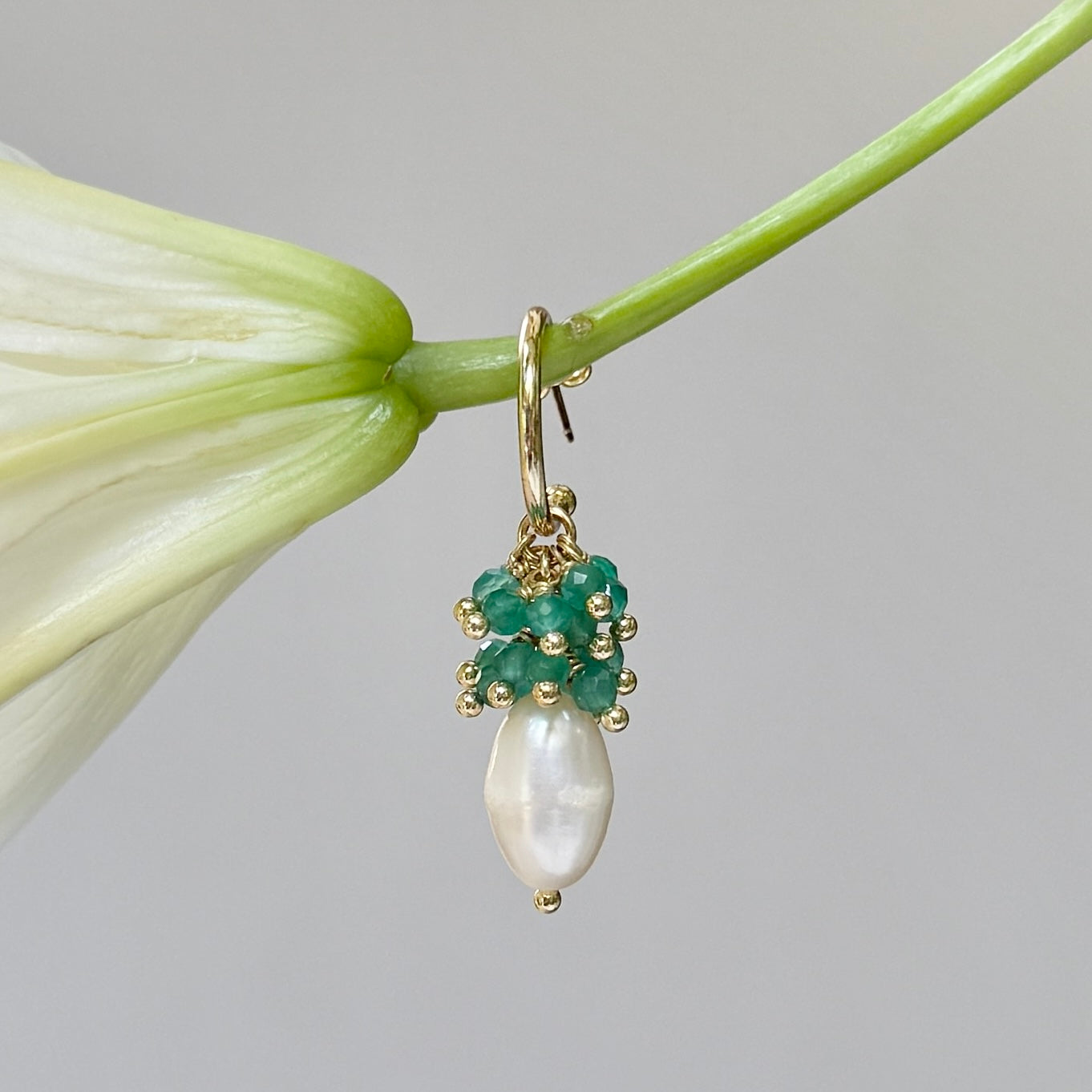 Mini Hoop Earrings With Ibiza Pearl & Dark Mint Green Jade Drops