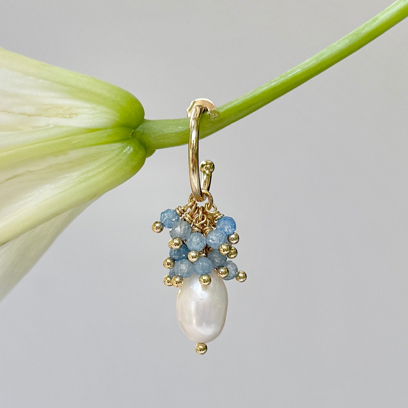 Mini Hoop Earrings With Ibiza Pearl & Pale Cornflower Blue Kyanite Drops
