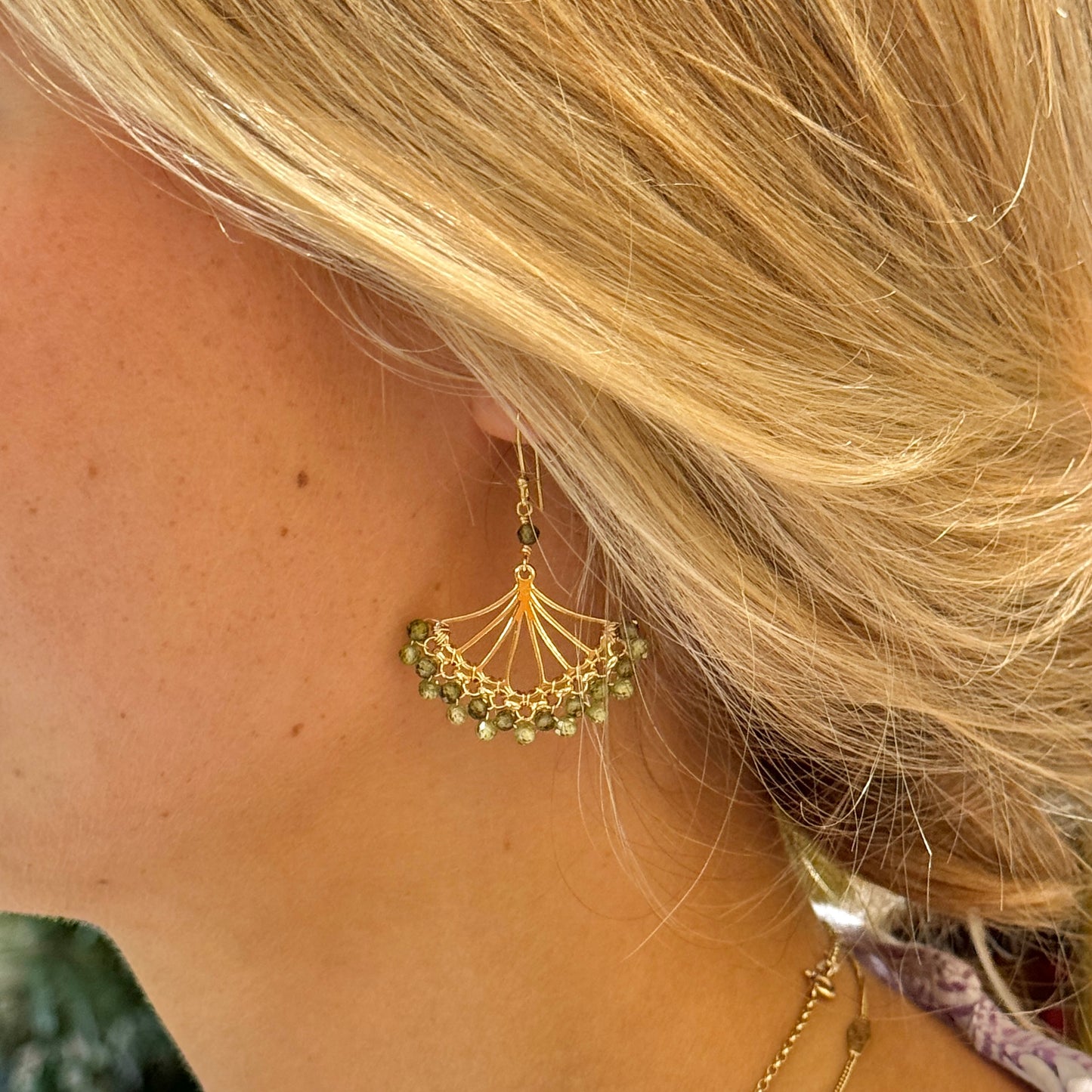 Pale Olive Green Peridot & Dark Peridot Rolo Fan Beaded Earrings