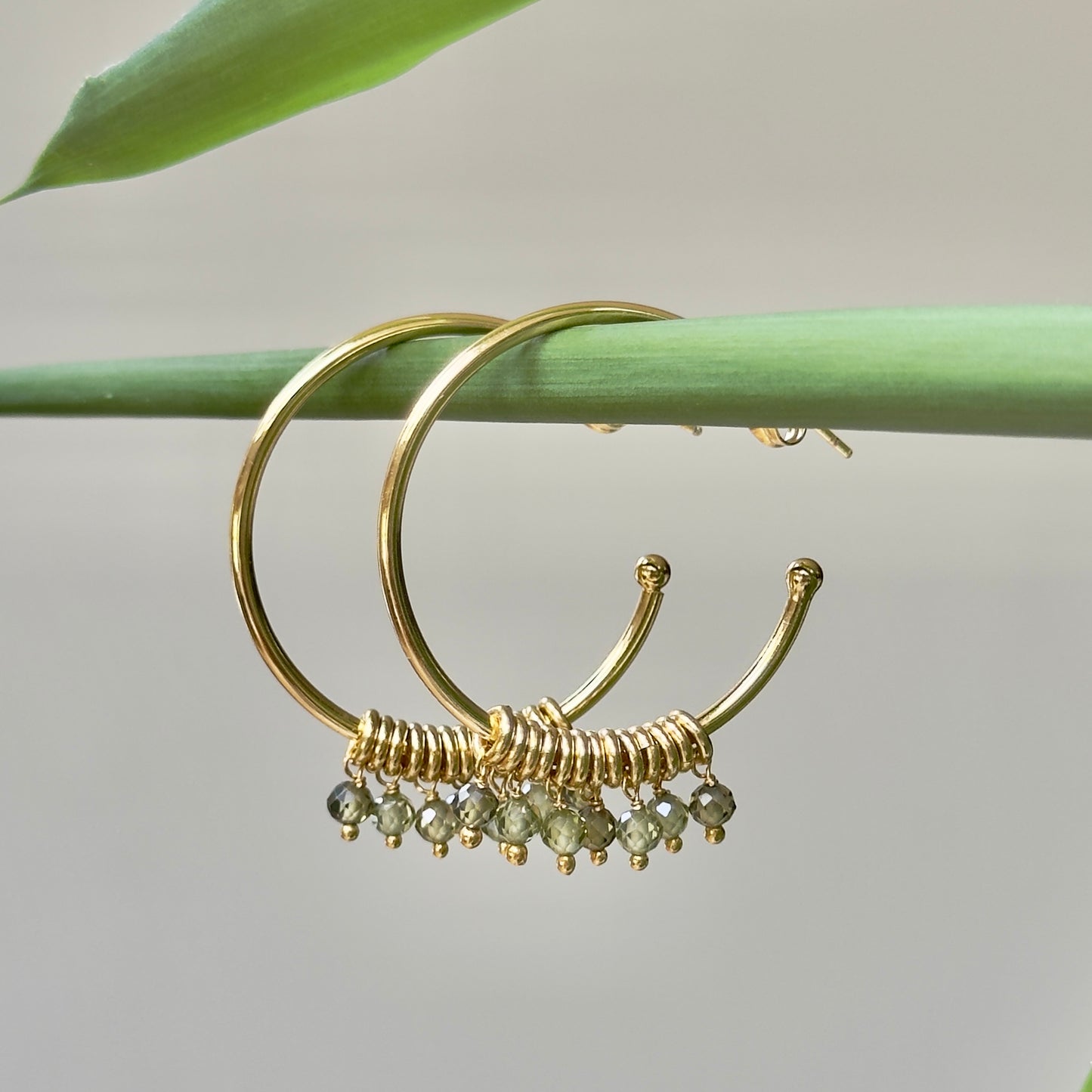 Olive Green Peridot 7-Bead Midi Hoop Earrings