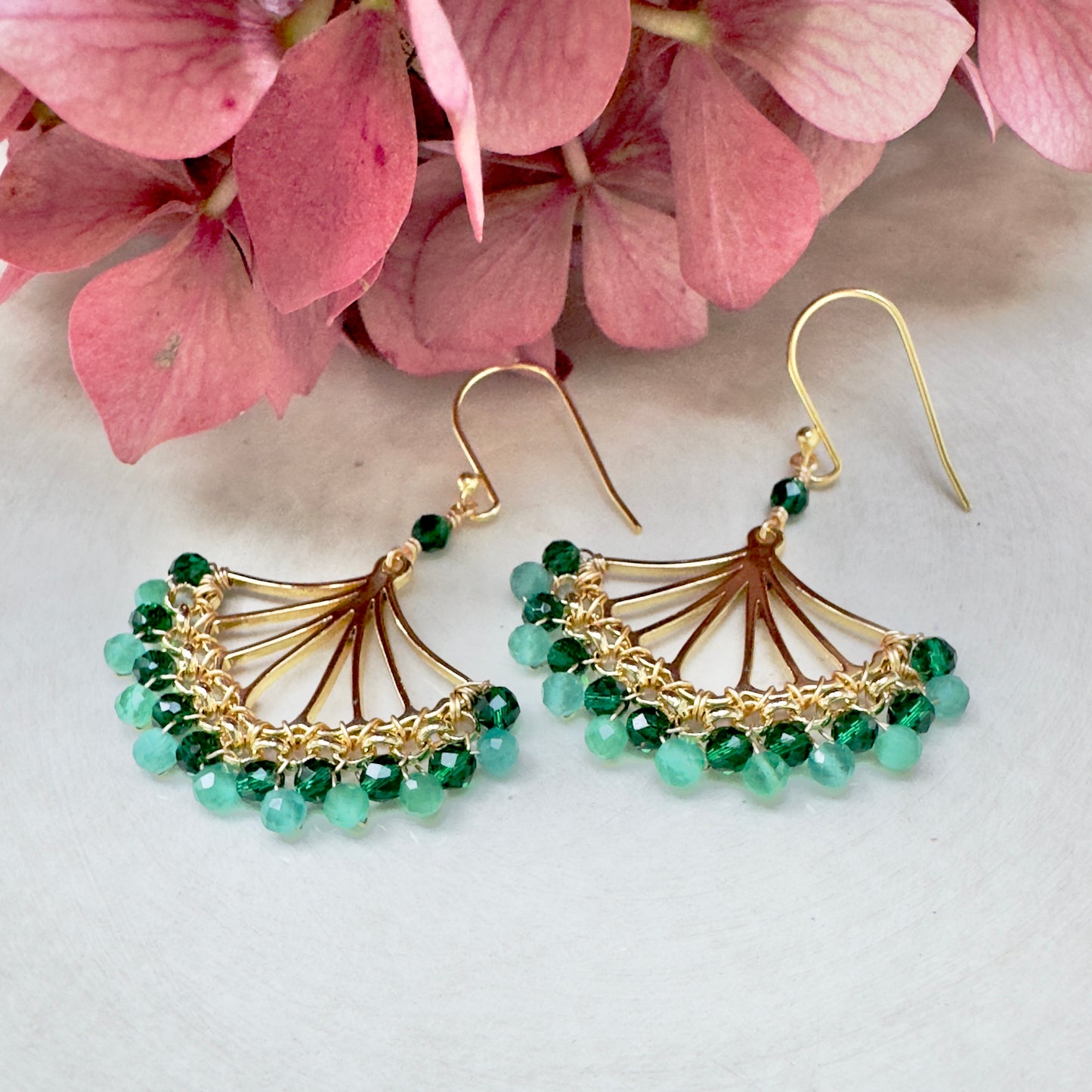Emerald Green & Mint Green Jade Rolo Fan Beaded Earrings