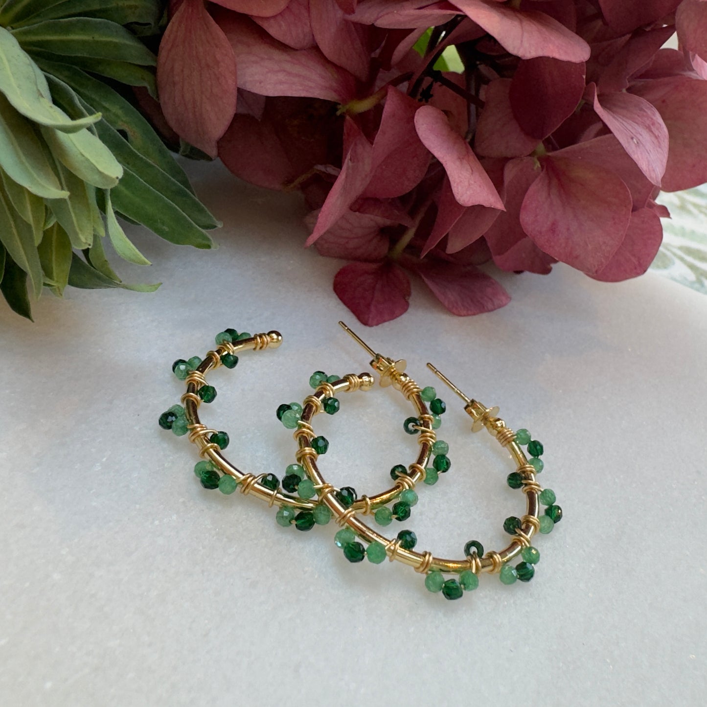 Emerald Green Jade & Mint Green Jade Swirl Midi Hoop Beaded Earrings