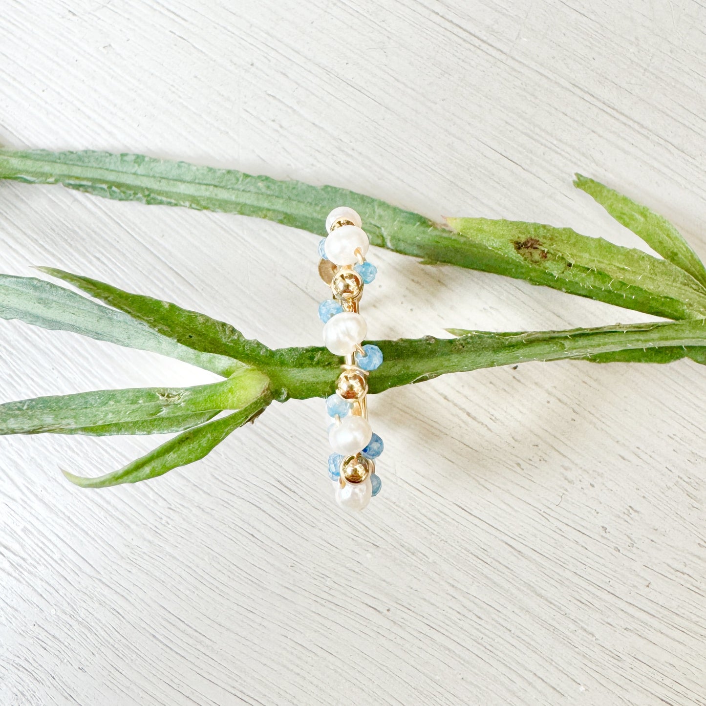 Pearl & Cornflower Blue Kyanite Mini Bobble Hoop Beaded Earrings