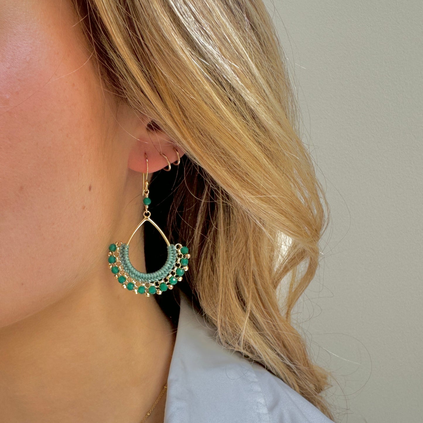 Emerald Green Jade & Gold Pyrite Boho Wrapped Teardrop Earrings