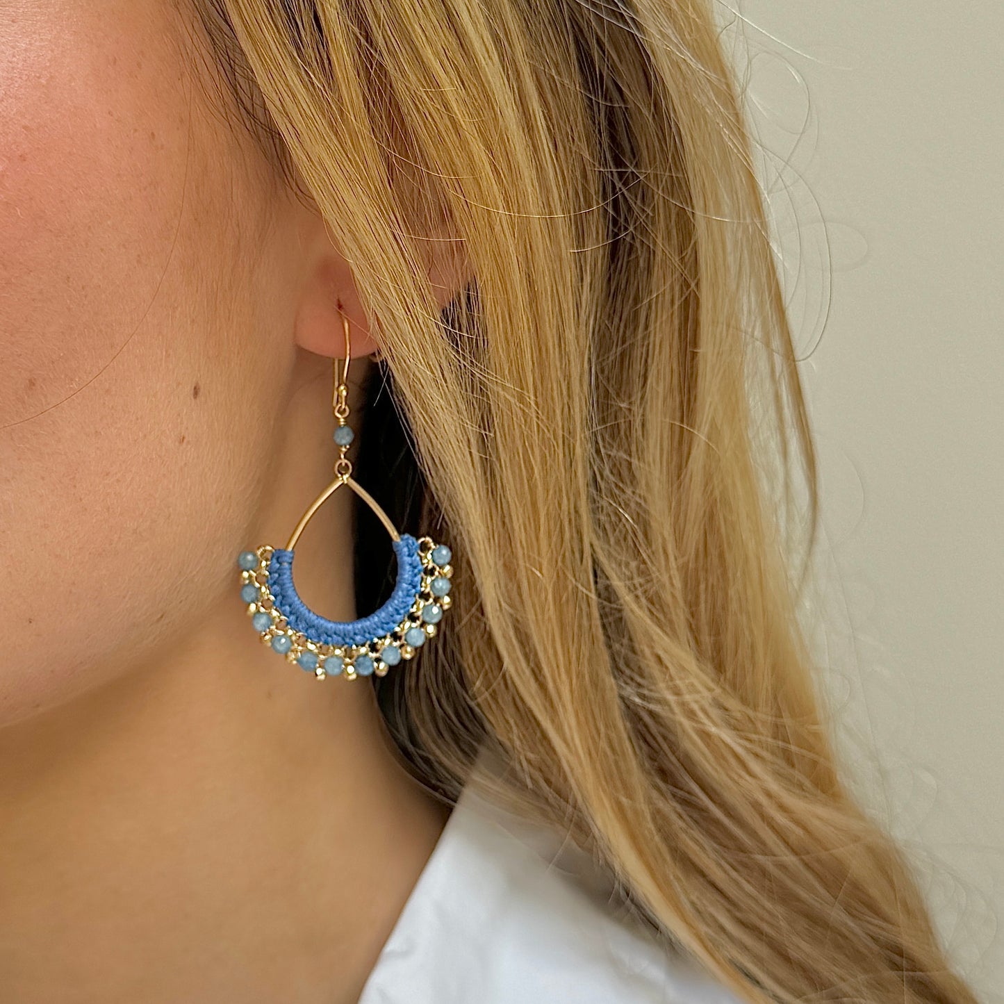Pale Cornflower Blue Kyanite & Gold Pyrite Boho Wrapped Teardrop Earrings
