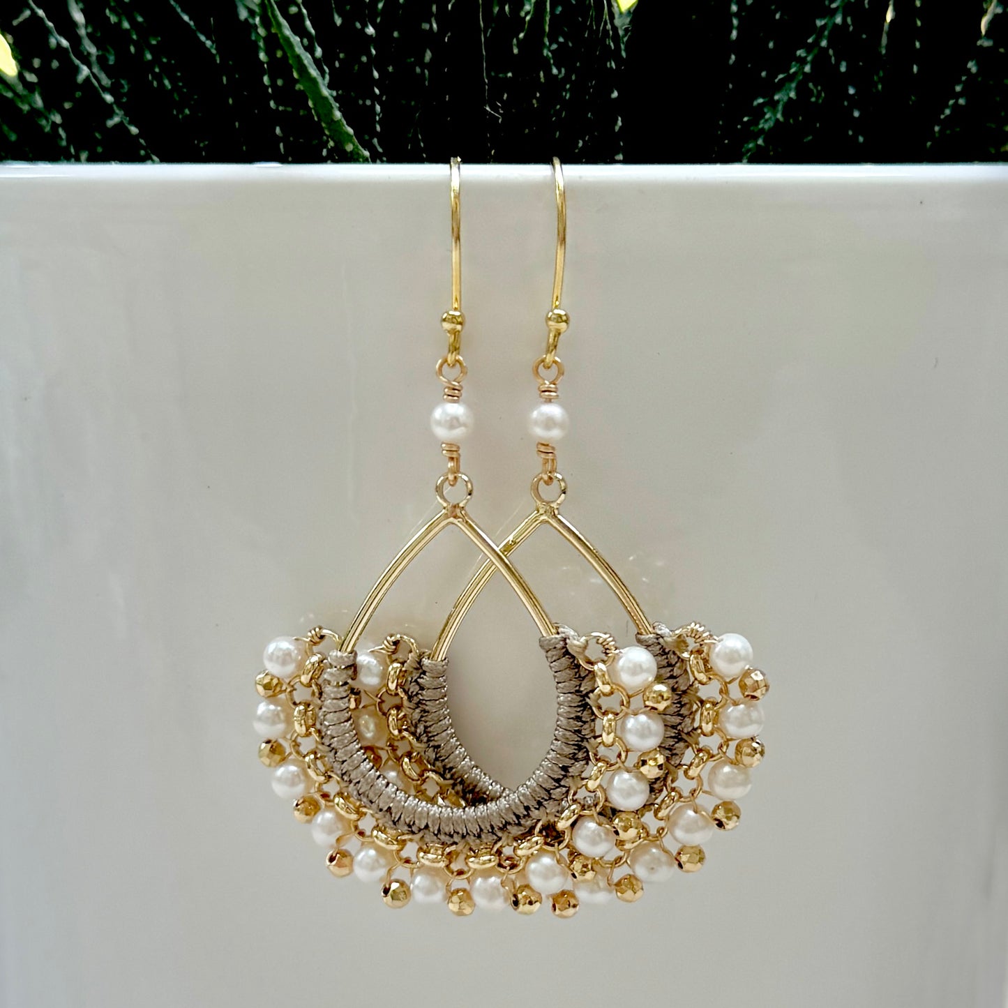 Freshwater Pearl & Gold Pyrite Boho Wrapped Teardrop Earrings