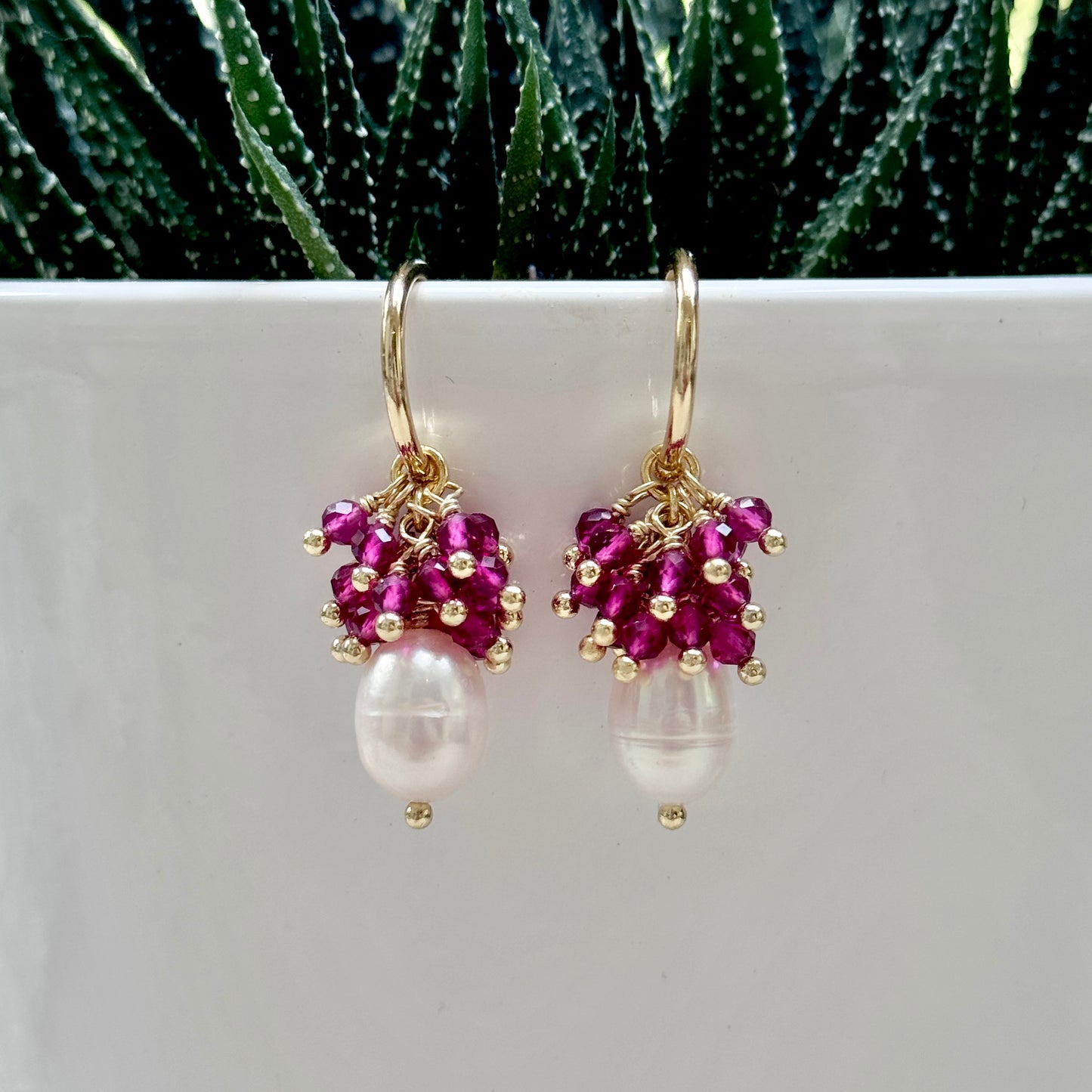 Mini Hoop Earrings With Ibiza Pearl & Pink Garnet Drops