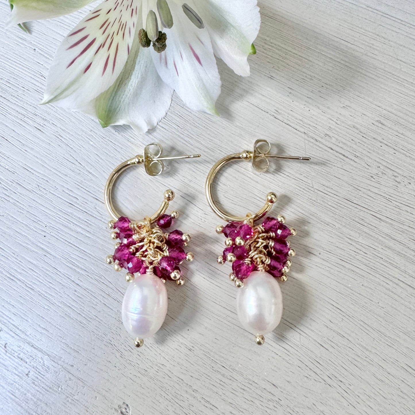 Mini Hoop Earrings With Ibiza Pearl & Pink Garnet Drops