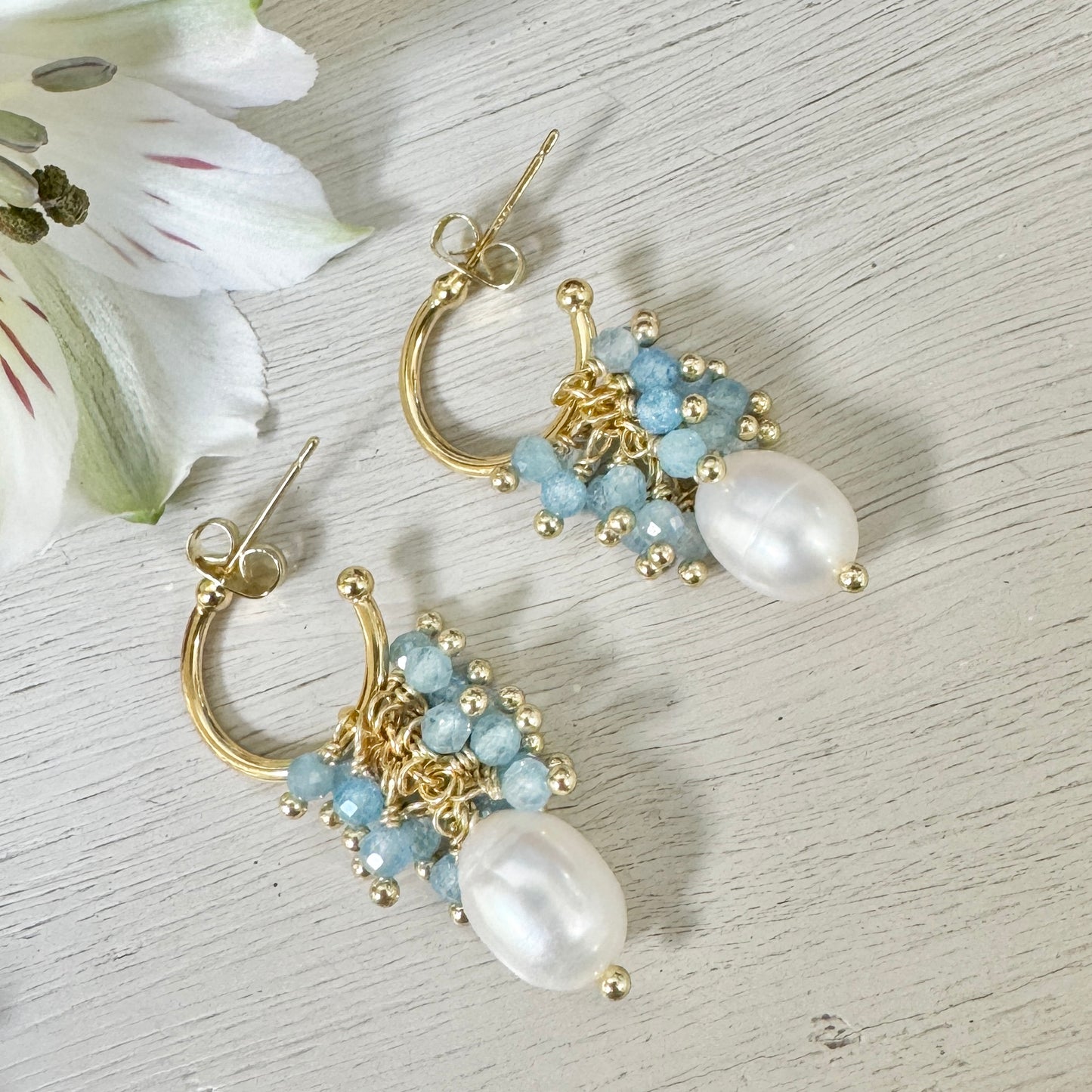 Mini Hoop Earrings With Ibiza Pearl & Powder Blue Quartz Drops