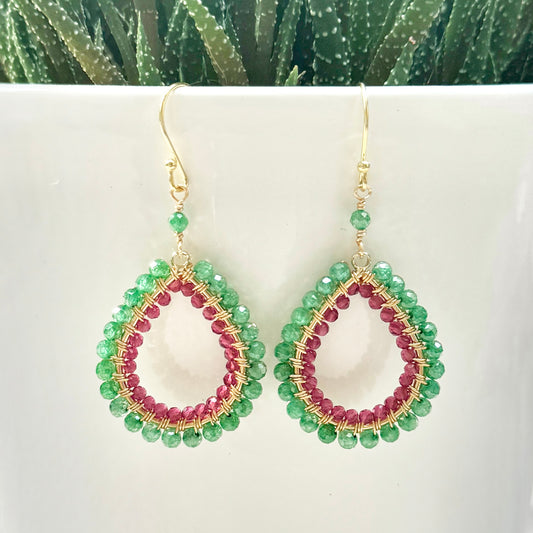 Mint Green Jade & Fuchsia Pink Garnet Double Beaded Teardrop Earrings