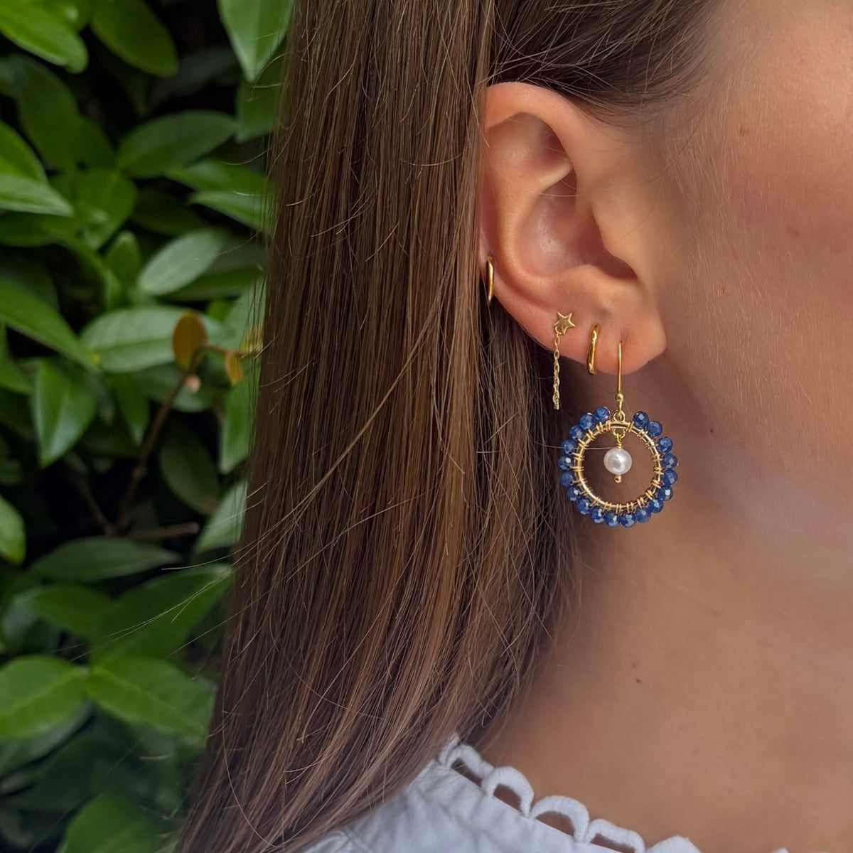 Royal Blue Azurite Mini Round & Freshwater Pearl Drop Beaded Earrings