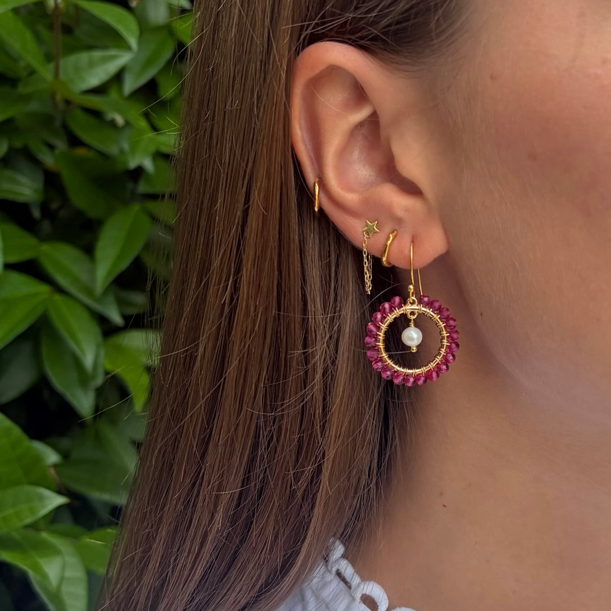 Fuchsia Pink Garnet Mini Round & Freshwater Pearl Drop Beaded Earrings