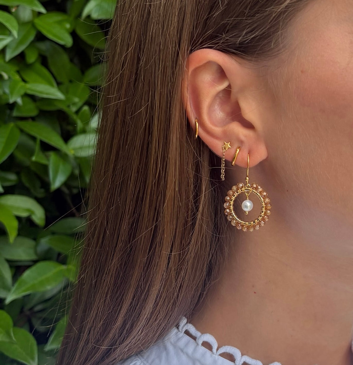 Champagne Quartz Mini Round & Freshwater Pearl Drop Beaded Earrings