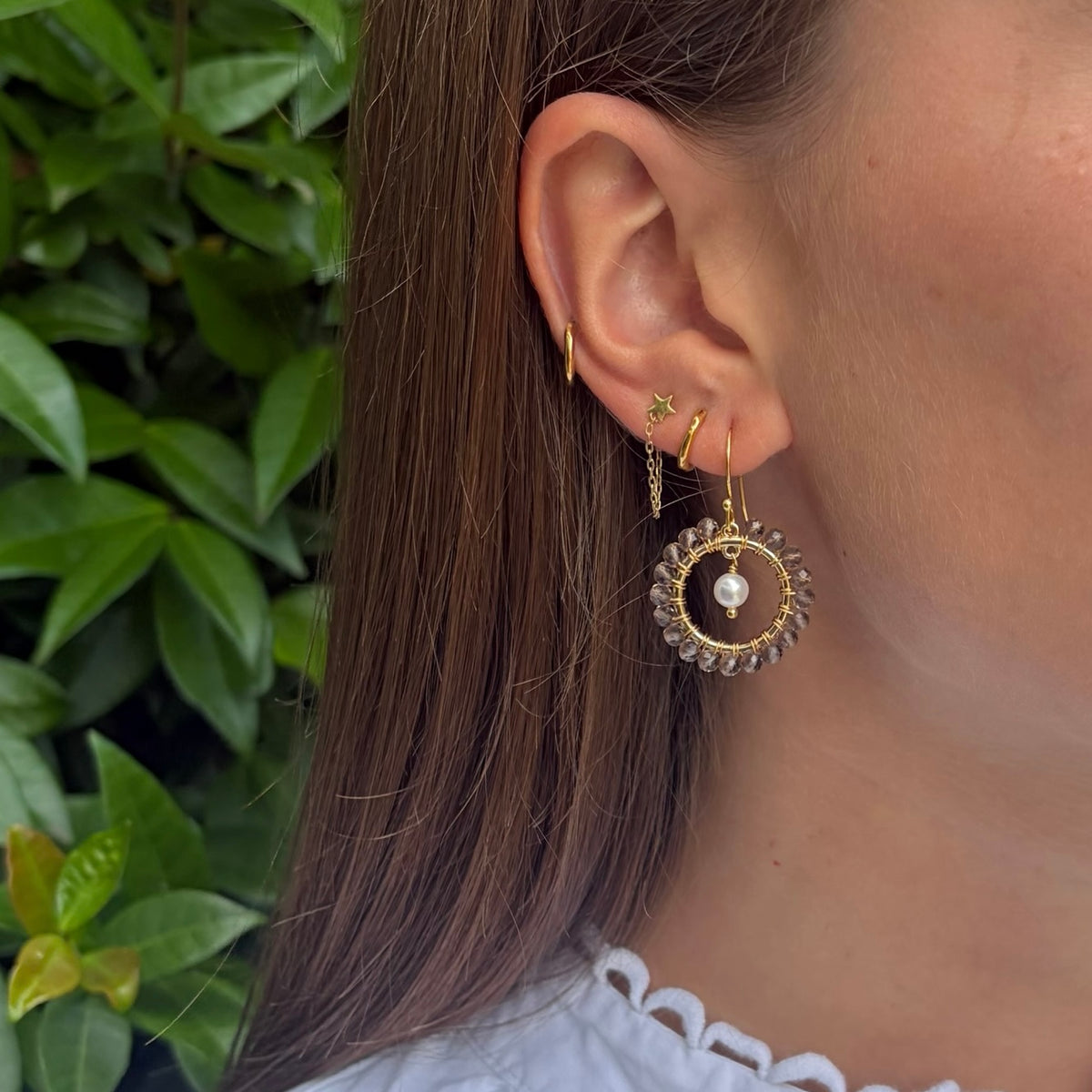 Taupe Agate Mini Round & Freshwater Pearl Drop Beaded Earrings