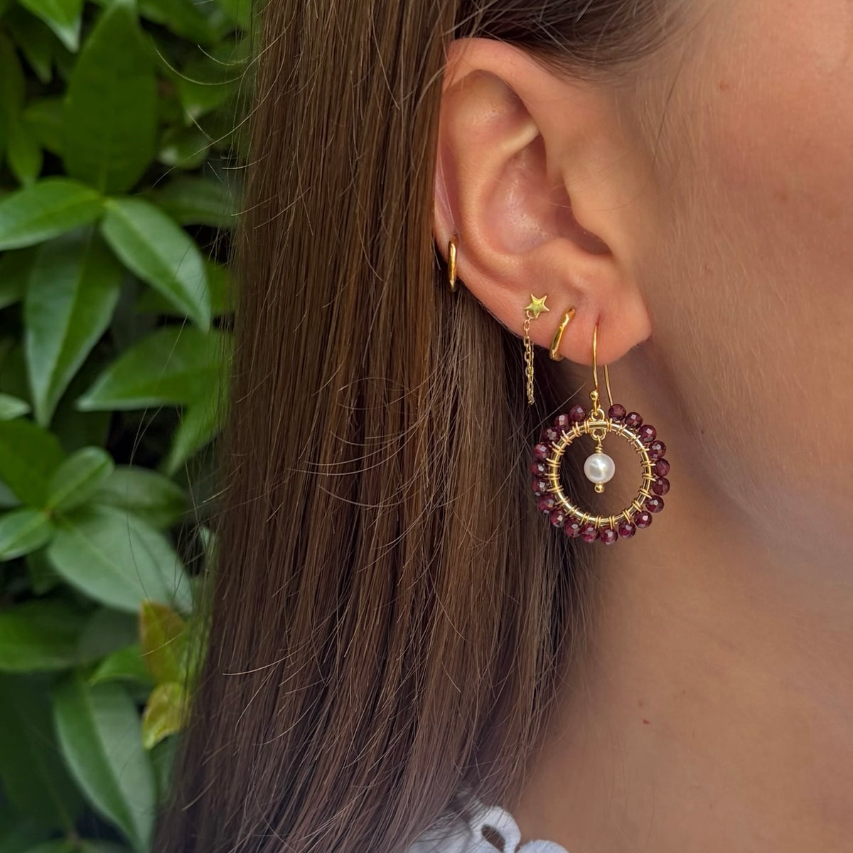 Burgundy Red Garnet Mini Round & Freshwater Pearl Mini Drop Beaded Earrings