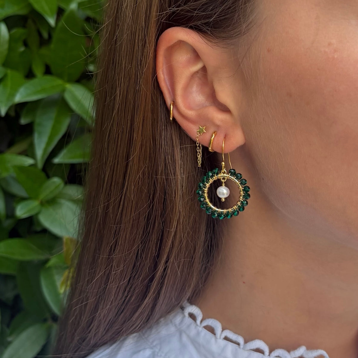 Emerald Green Jade Mini Round & Freshwater Pearl Drop Beaded Earrings