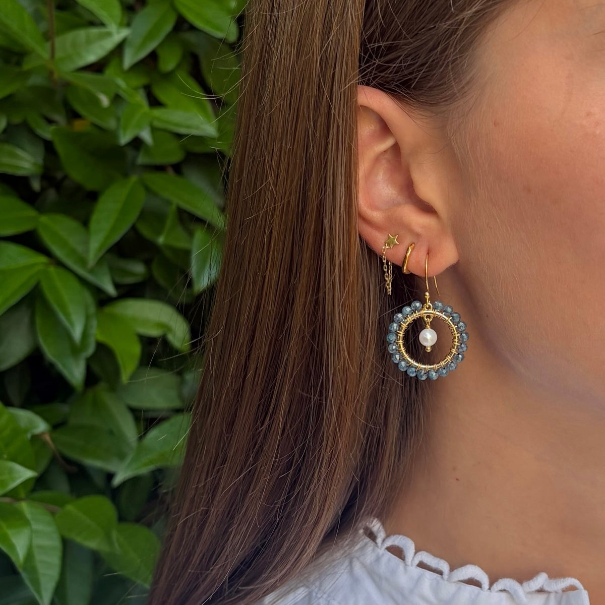 Airforce Blue Quartz Mini Round & Freshwater Pearl Drop Beaded Earrings