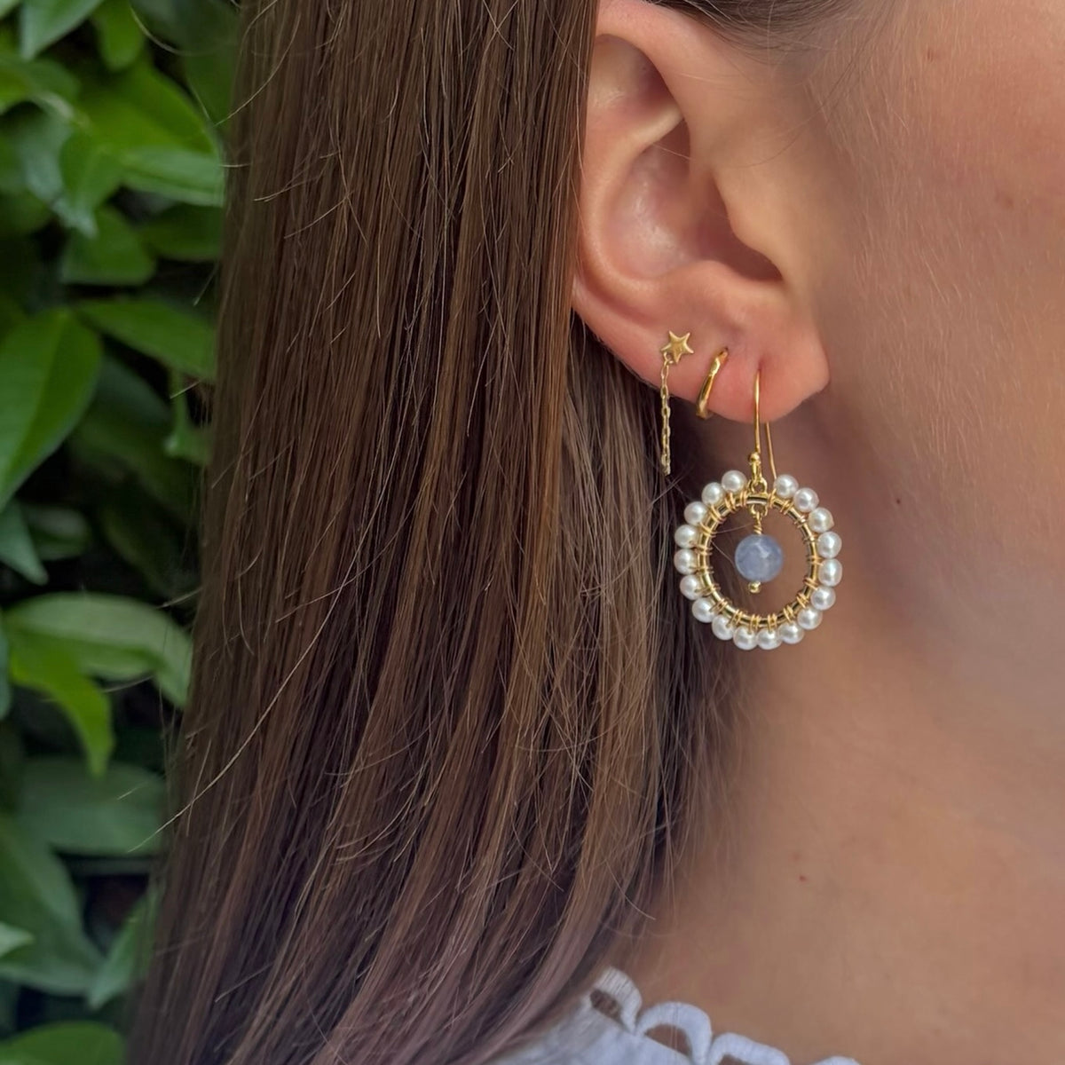 Freshwater Pearl Mini Round & Periwinkle Agate Drop Beaded Earrings